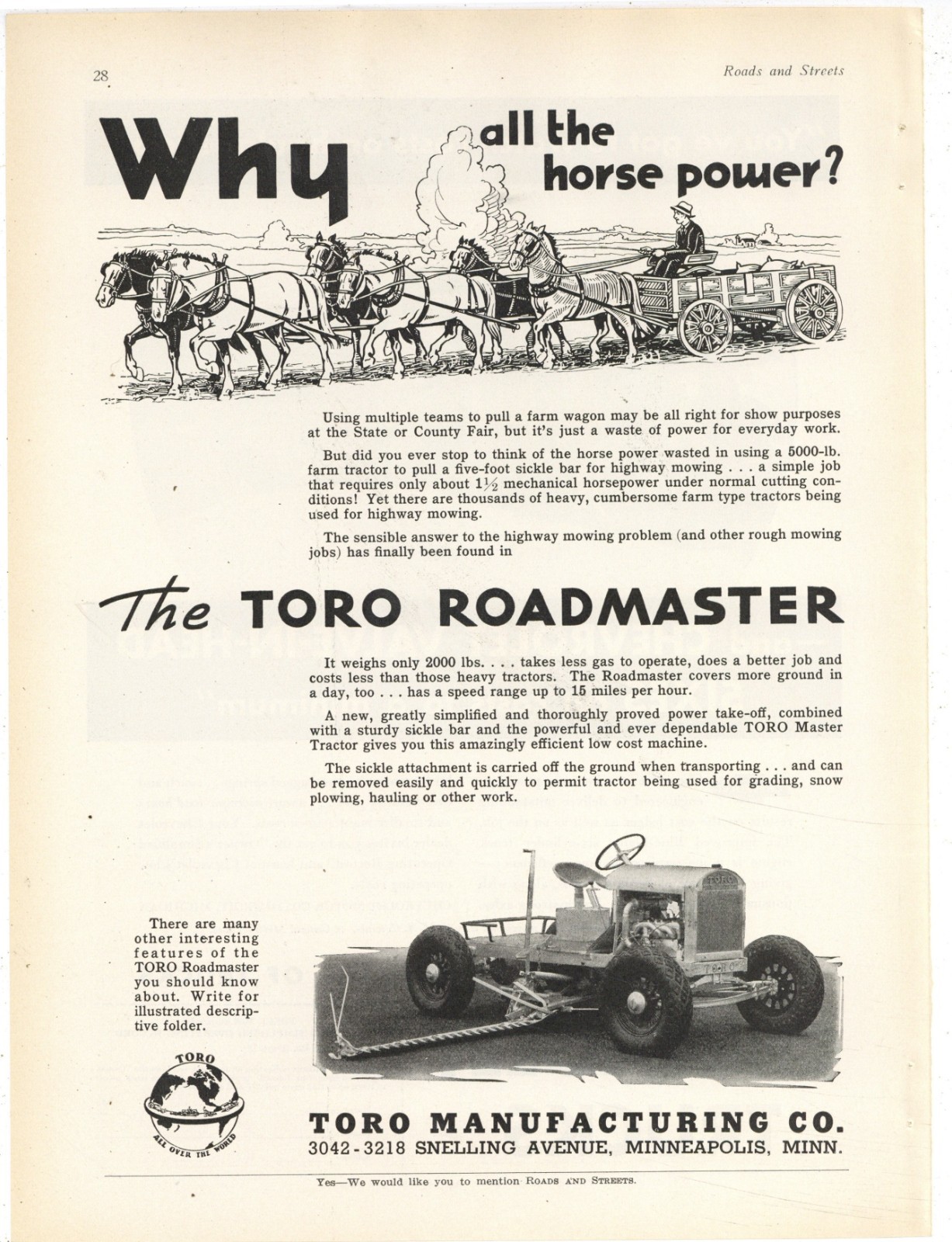 1935 Ads F&B of PG: Chevrolet Truck & Toro Roadmaster Highway Mowing Tractor
