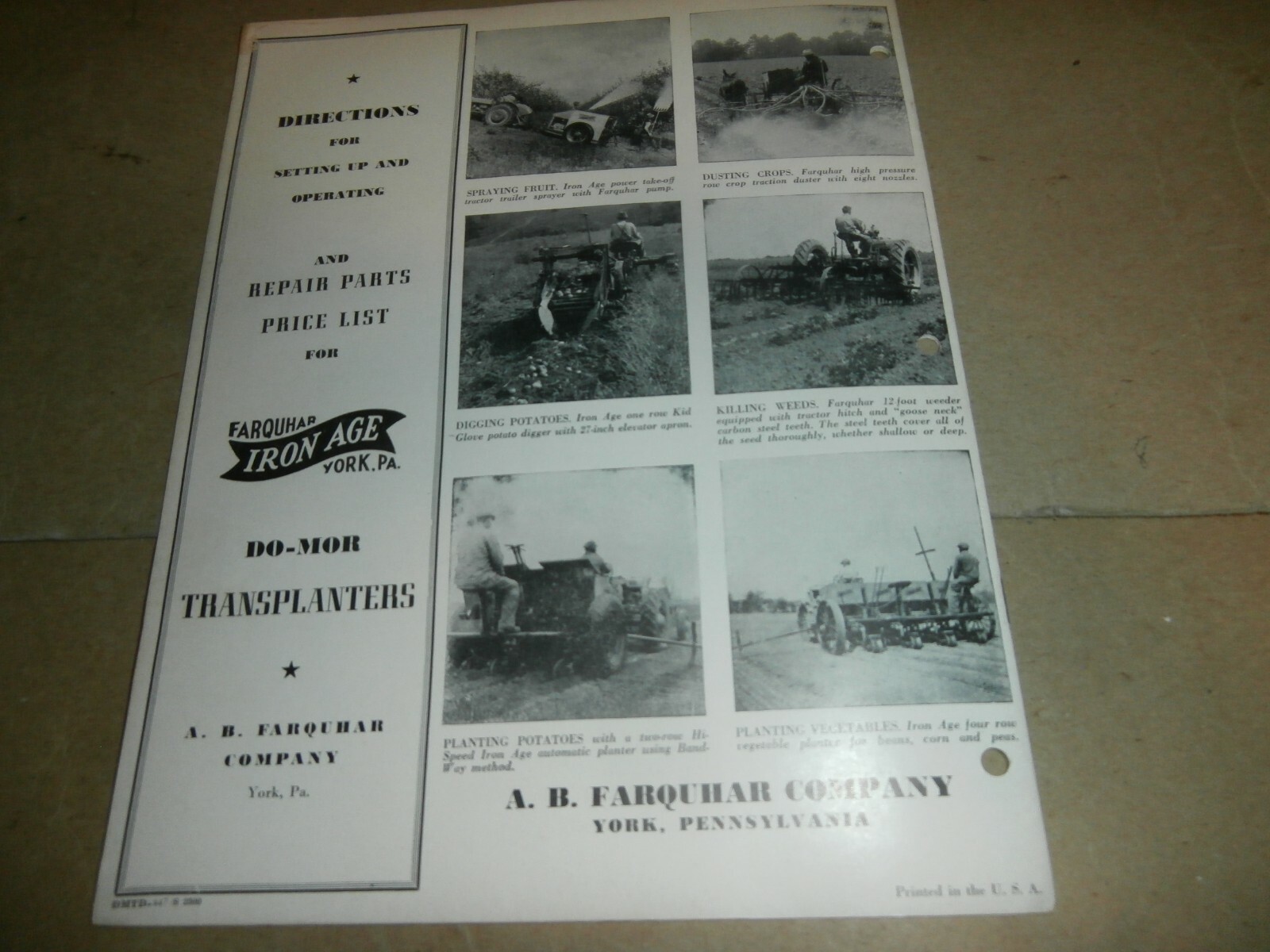 Vintage 1949 Farquhar Iron Age York PA Do-Mor Transplanters Manual & Parts List