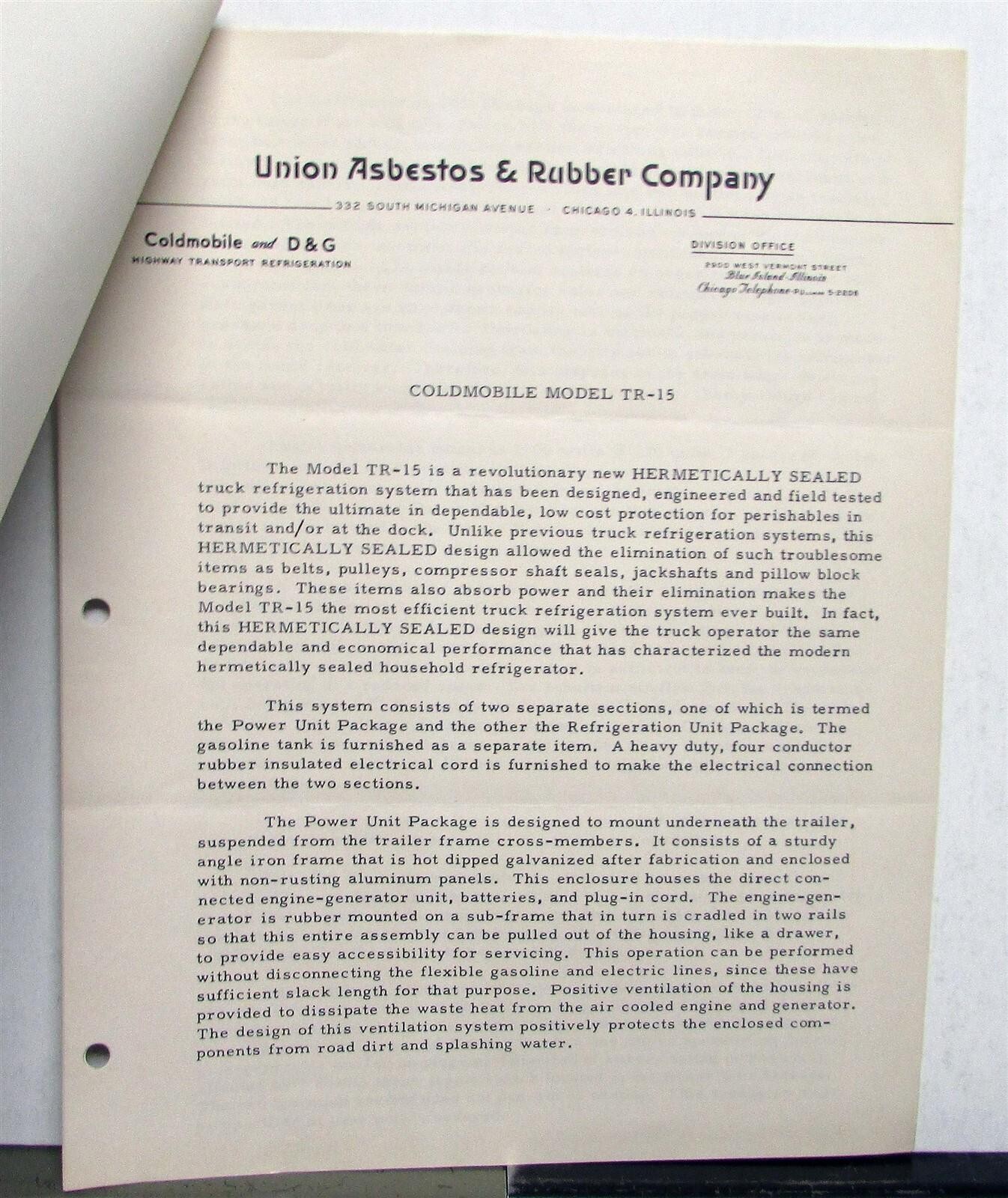 1950s Coldmobile Refer Refrigeration Unit Package Photo Informational Sheets