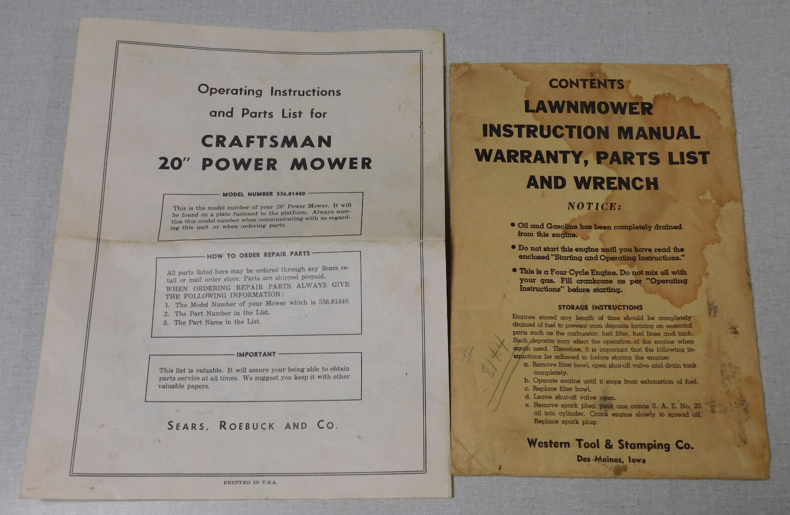 Craftsman 20 inch Power Mower Operating Instructions Sears Western Tool Company