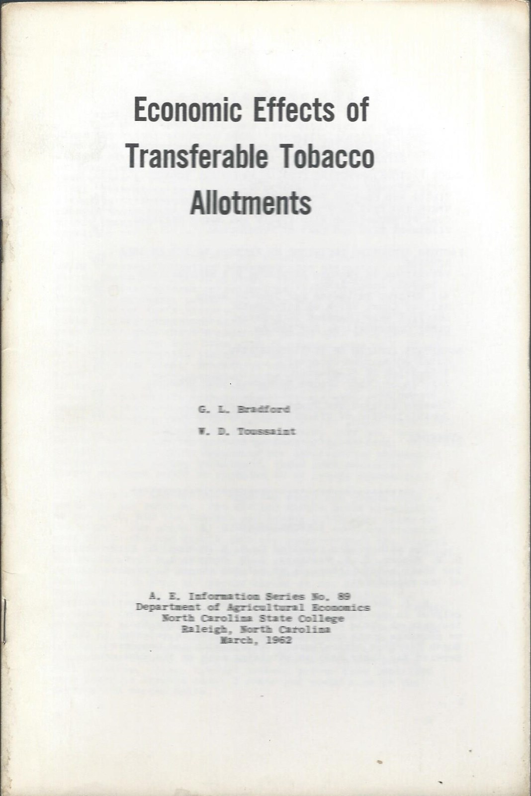 Farm Report – Economic Effects Transferable Tobacco Allotments – 1962 (F5591)