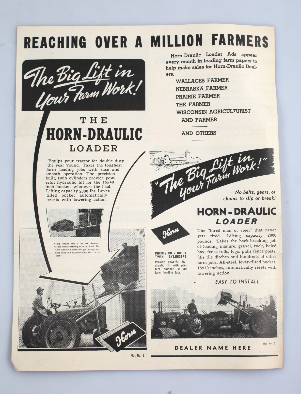 Vintage Horn Draulic Loader Newspaper Dealer Ads Brochure Fort Dodge Iowa