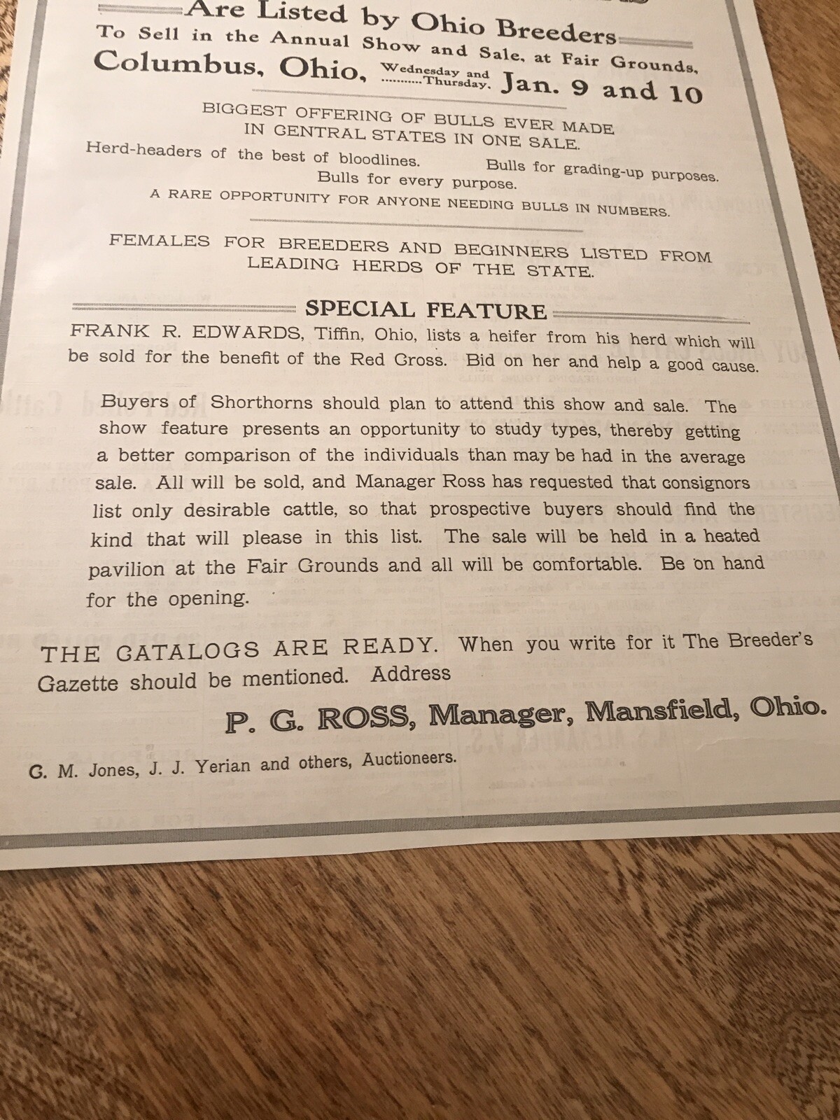 1917 Cattle Livestock Public Sale Poster – Columbus – Ohio – Cow Advertising