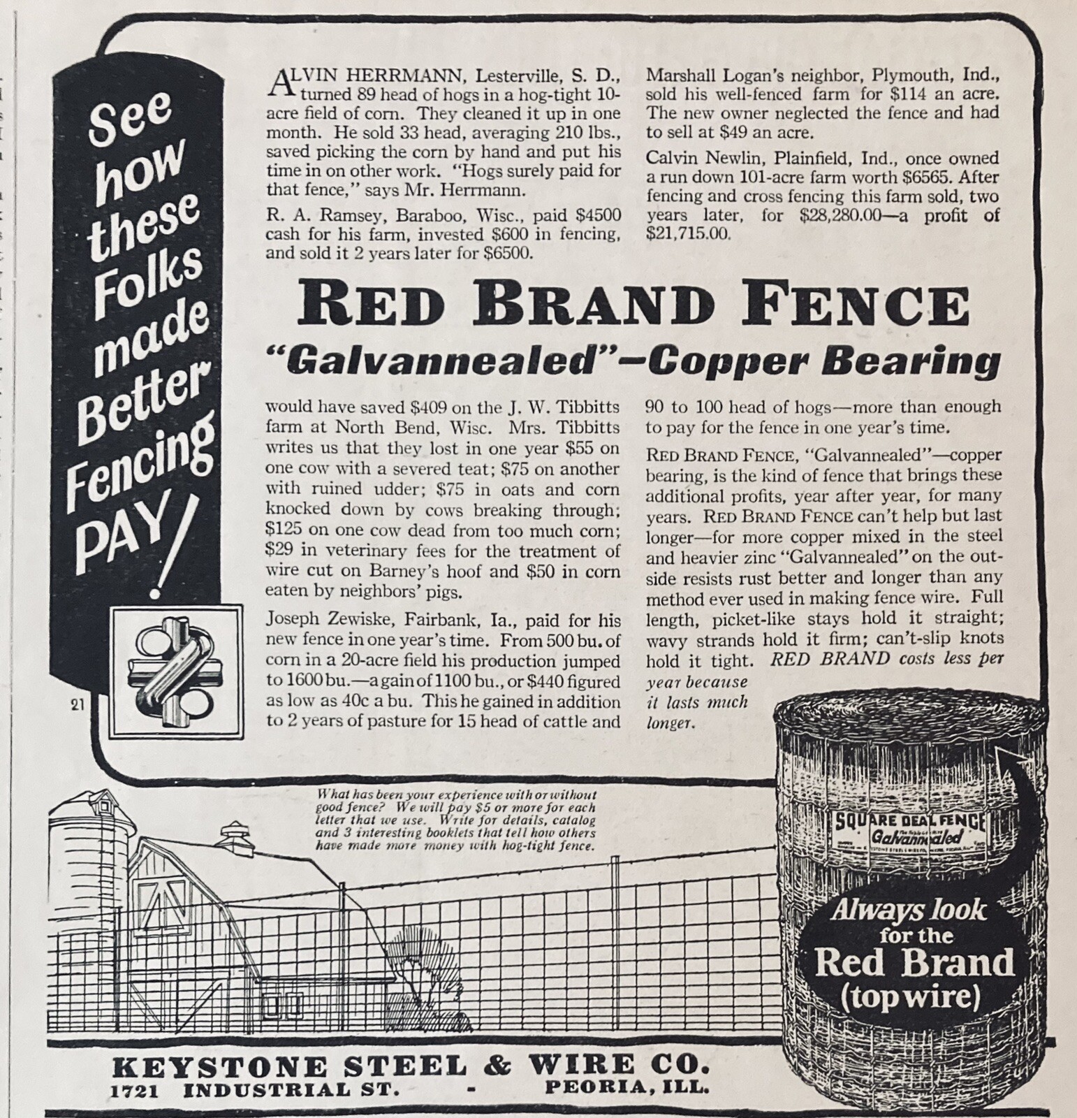 1928 AD.(XH16)~KEYSTONE STEEL & WIRE CO. PEORIA, ILL. RED BRAND GALVANIZED FENCE