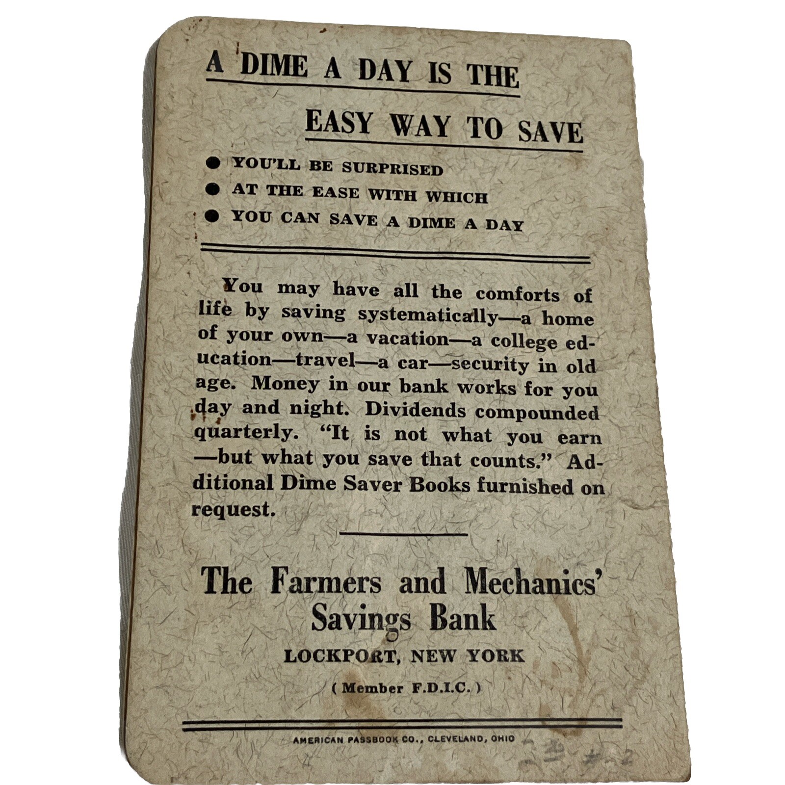 Rare Advertising VTG DIME Saver Book The Farmers And Mechanics Saving Bank