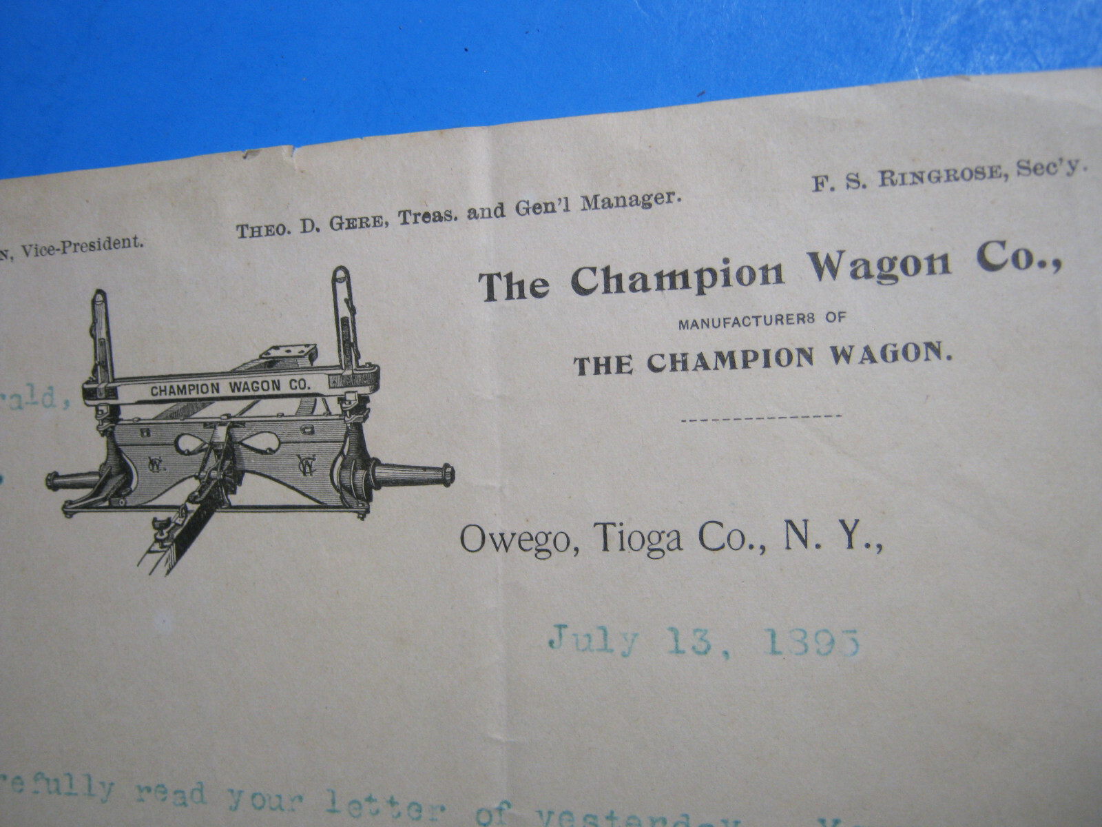 CHAMPION WAGON OWEGO TIOGA NY 1895 LETTERHEAD LETTER