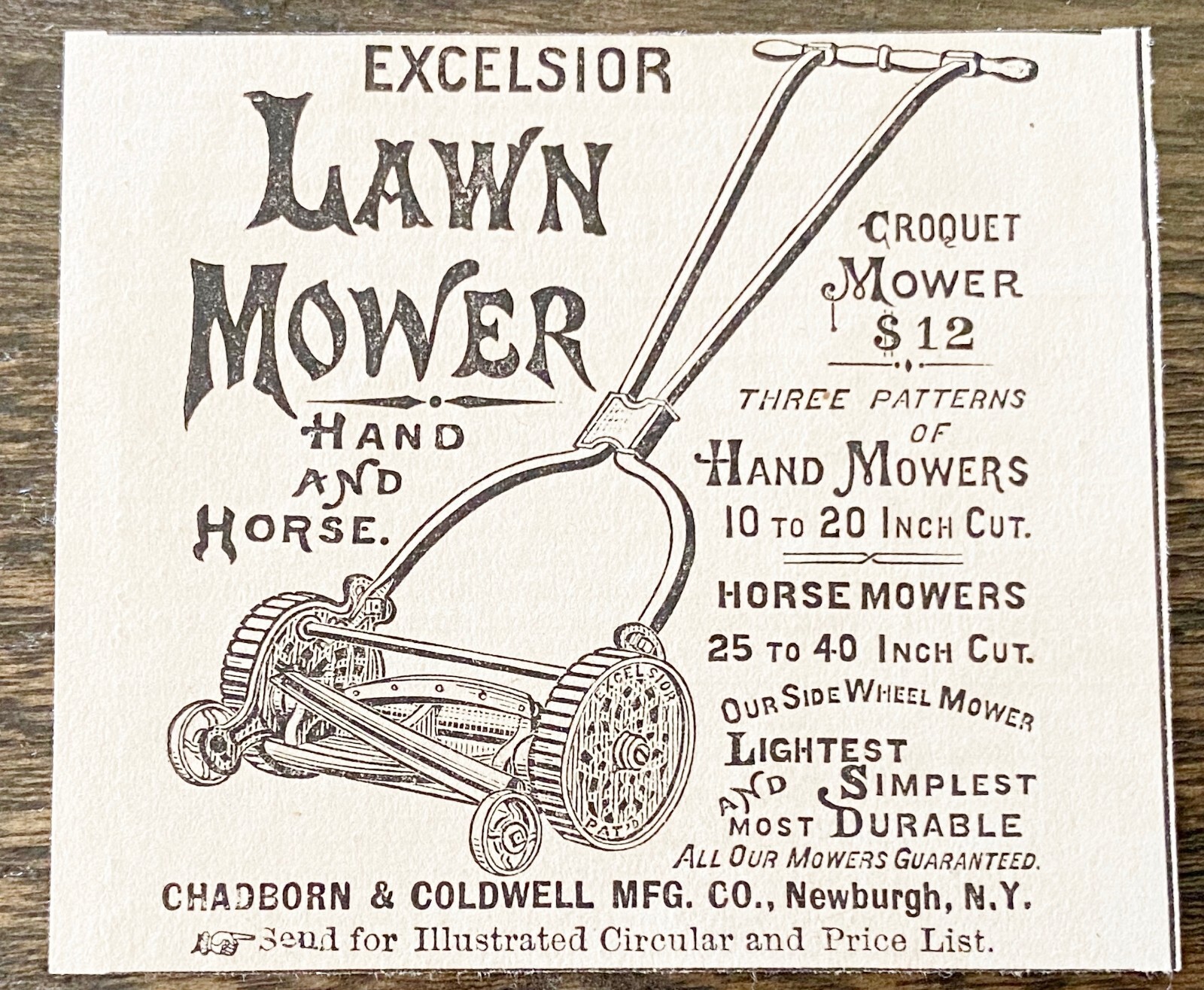 Old Excelsior Hand Push LAWN MOWER Chadborn & Coldwell,Newburgh NY 1880 Print Ad