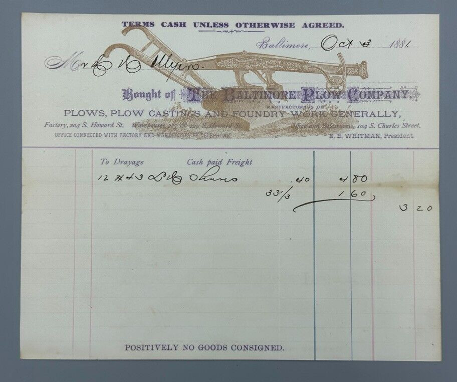 1881 BALTIMORE PLOW Co Antique Illustrated FARM Advertising Billhead MD