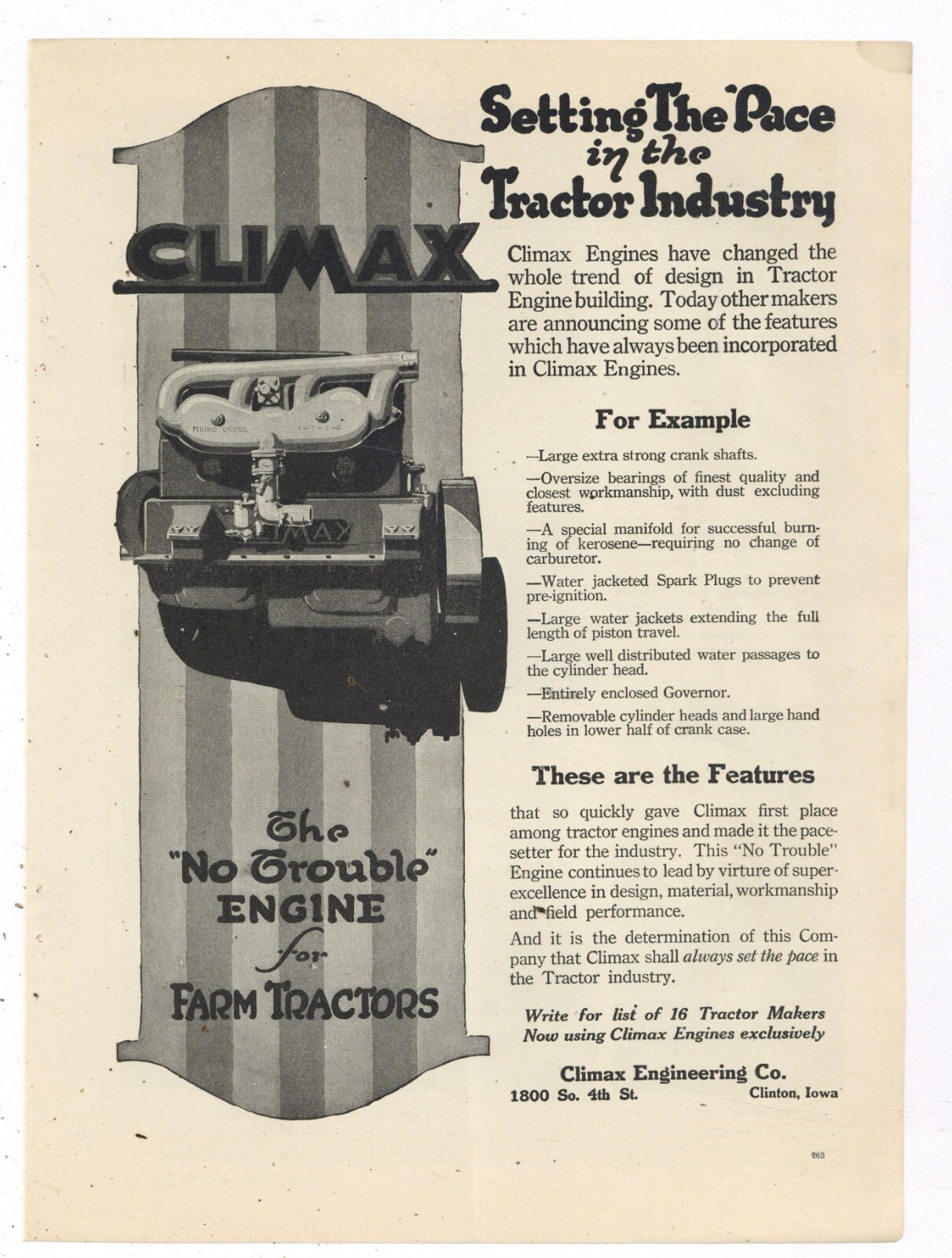1919 Climax Engineering Co. Ad: The NO TROUBLE Engine for Tractors- Clinton Iowa