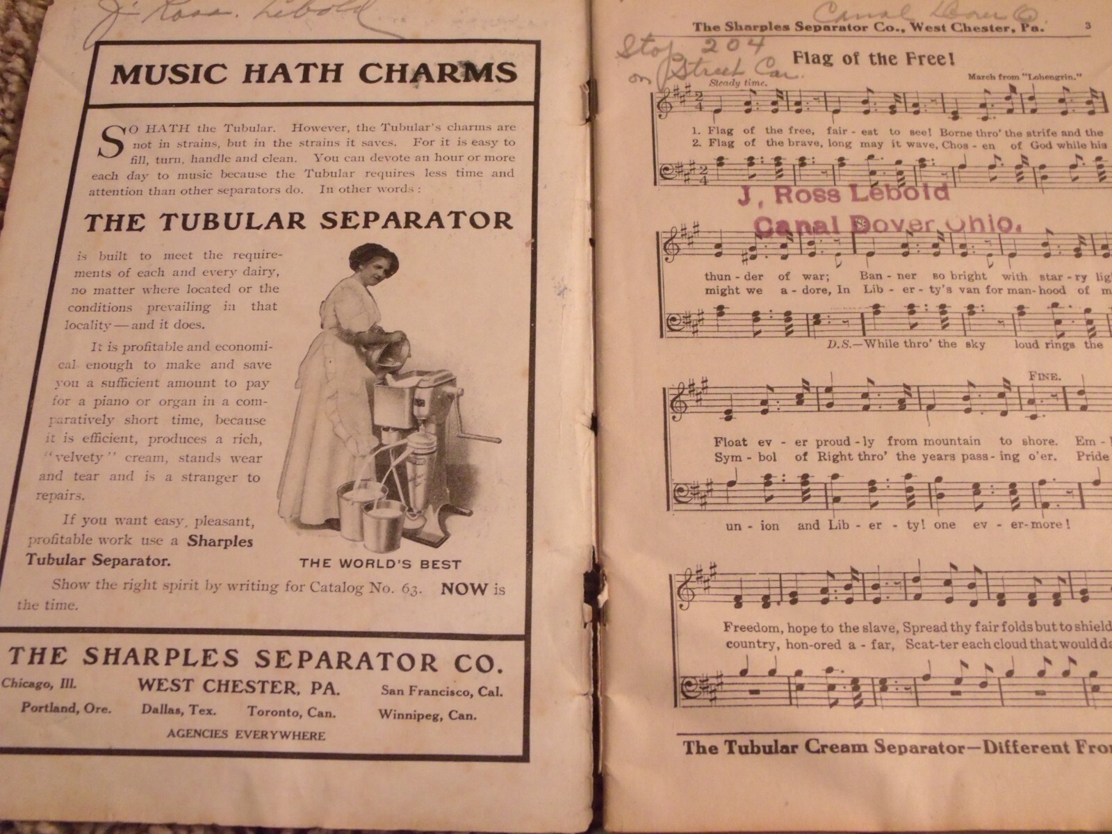SHARPLES SEPARATOR CO. PENNSYLVANIA OLD TIME SONG BOOK ADVERTISEMENT ADS MUSIC