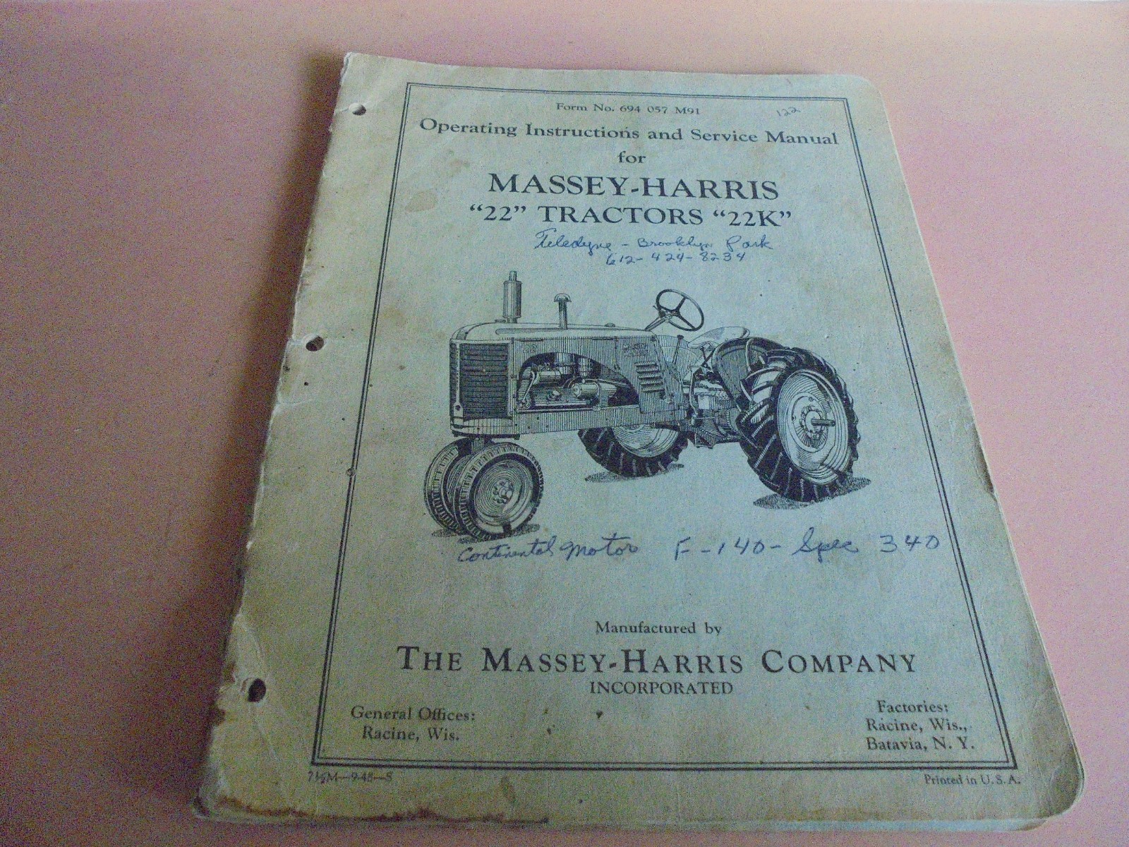 Vintage 1948 Operating and Service Manual for Massey-Harris 22 and 22K tractors