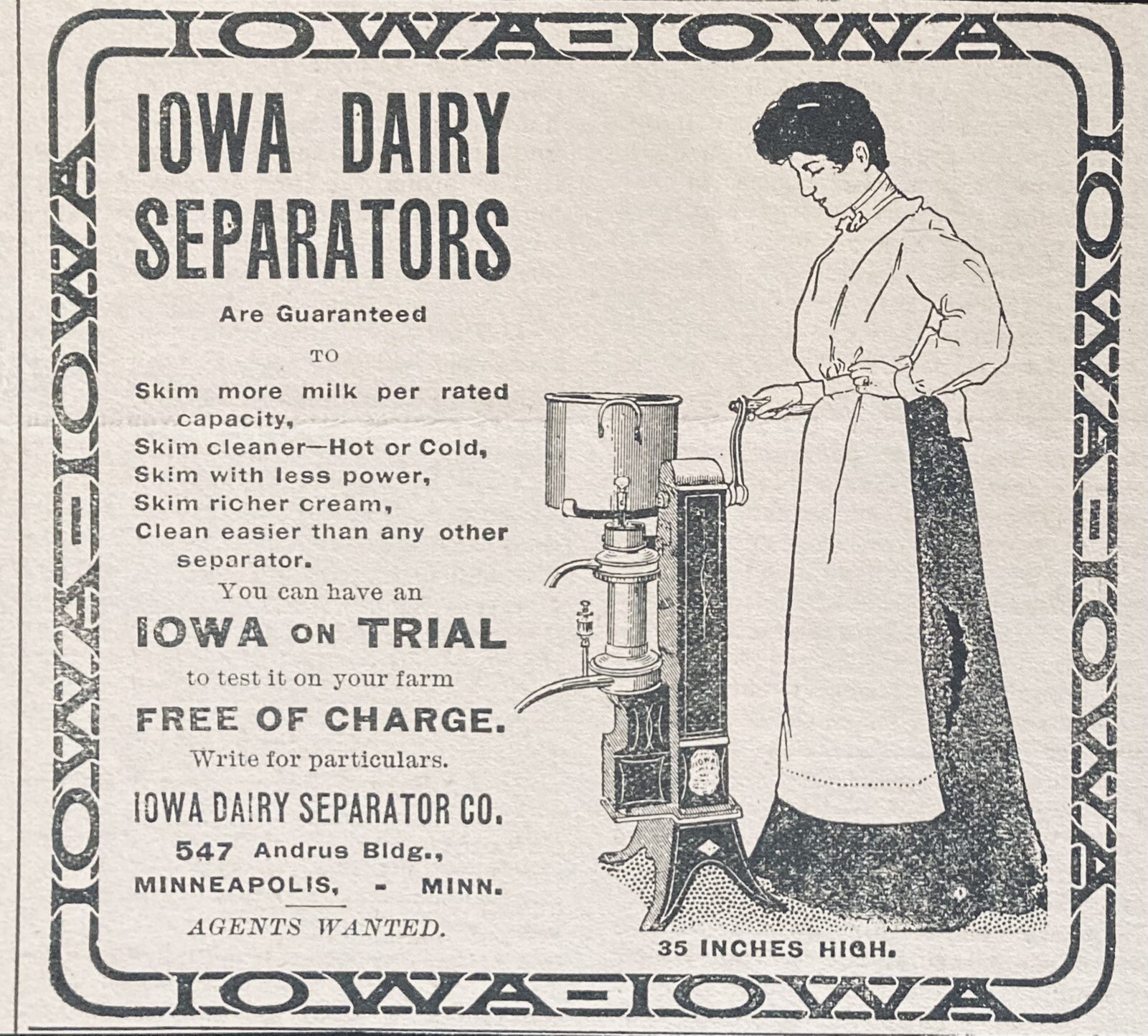 1905 AD.(XH29)~IOWA DAIRY SEPARATOR CO. MINNEAPOLIS, MINN. IOWA CREAM SEPARATOR