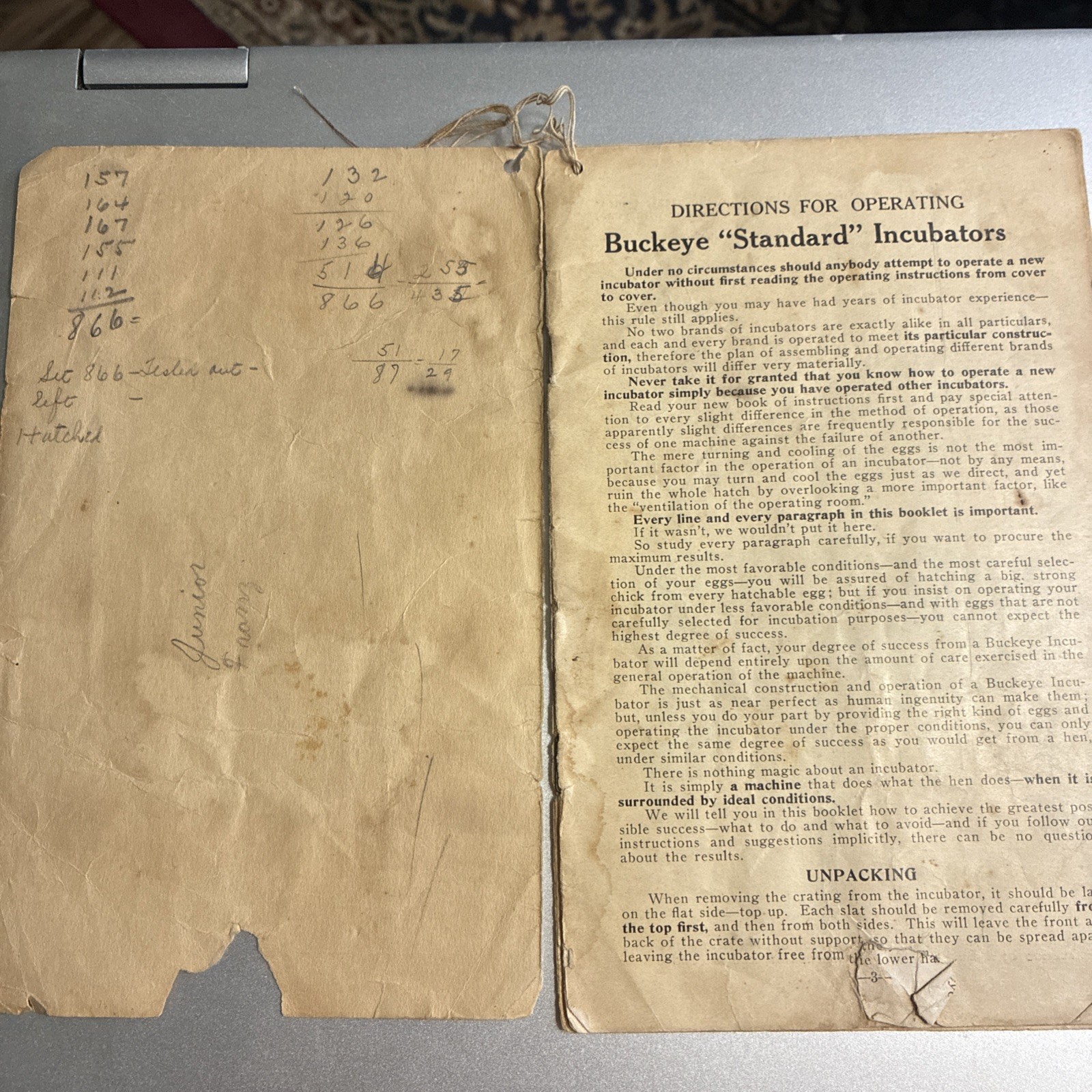 Buckeye Standard Incubators Directions Fir Operation Early 1900s