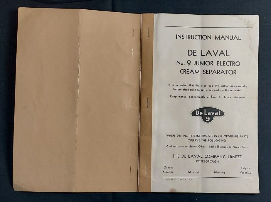 1952 Instruction Manual De Laval No. 9 Junior Electro Cream Separator Canada