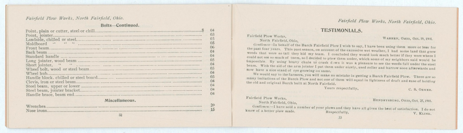 1907 Fairfield Burch Plows Dealer Catalog North Fairfield Ohio Plow Works Farm