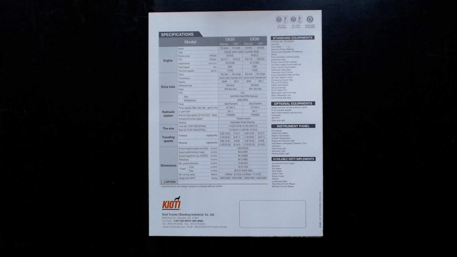 Kioti Compact Utility Tractor Brochure CK25 CK30 Agriculture Tractor