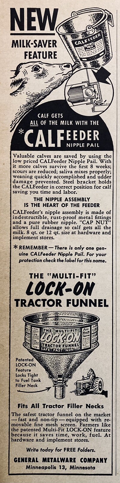 1953 AD.(XH63)~GENERAL METALWARE CO. MINNEAPOLIS, MINN. CALFEEDER AND FUNNEL