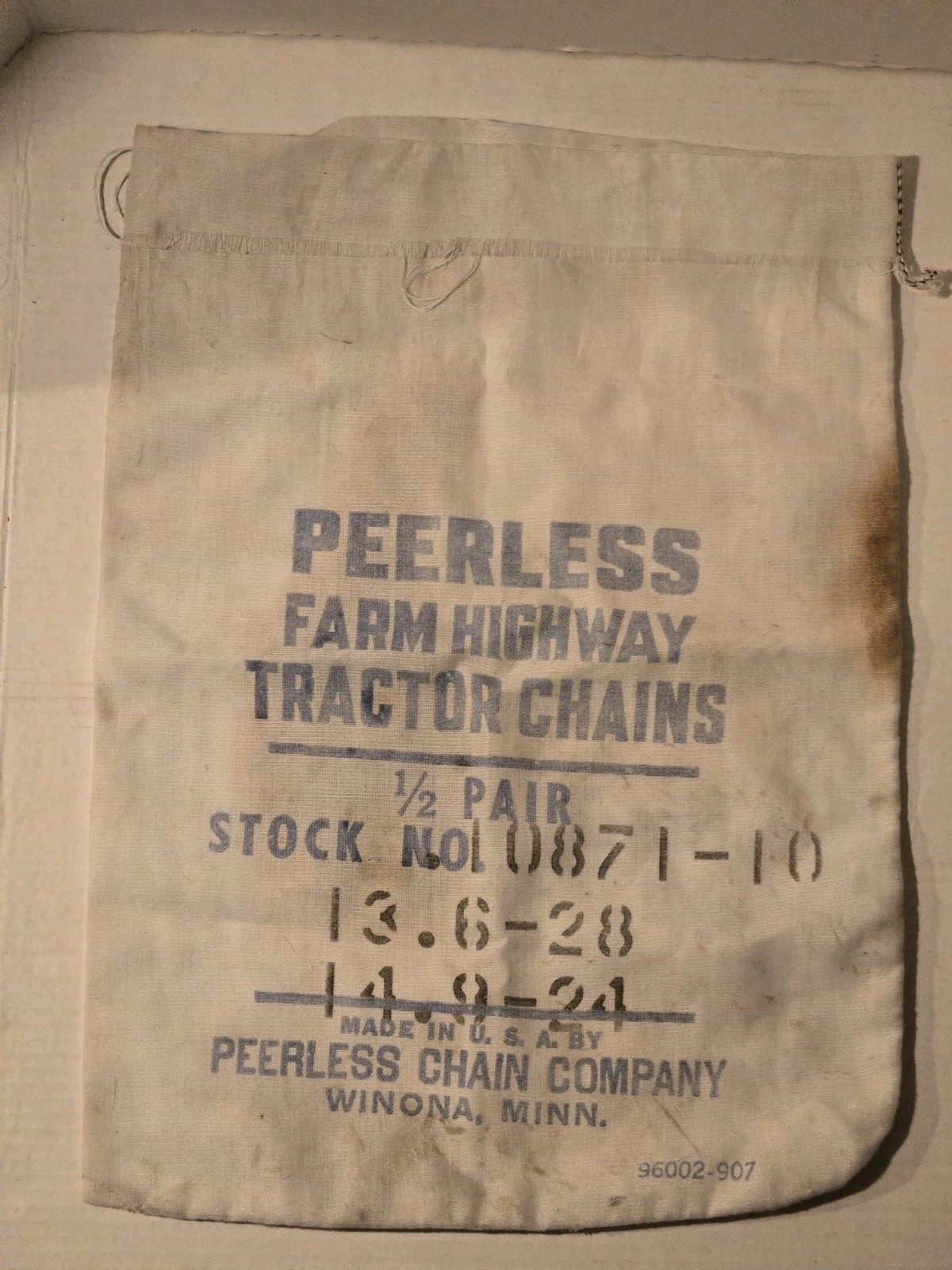Vintage Peerless Chain Co. Tire Tractor Chains Fabric Bag Farm Winona MN
