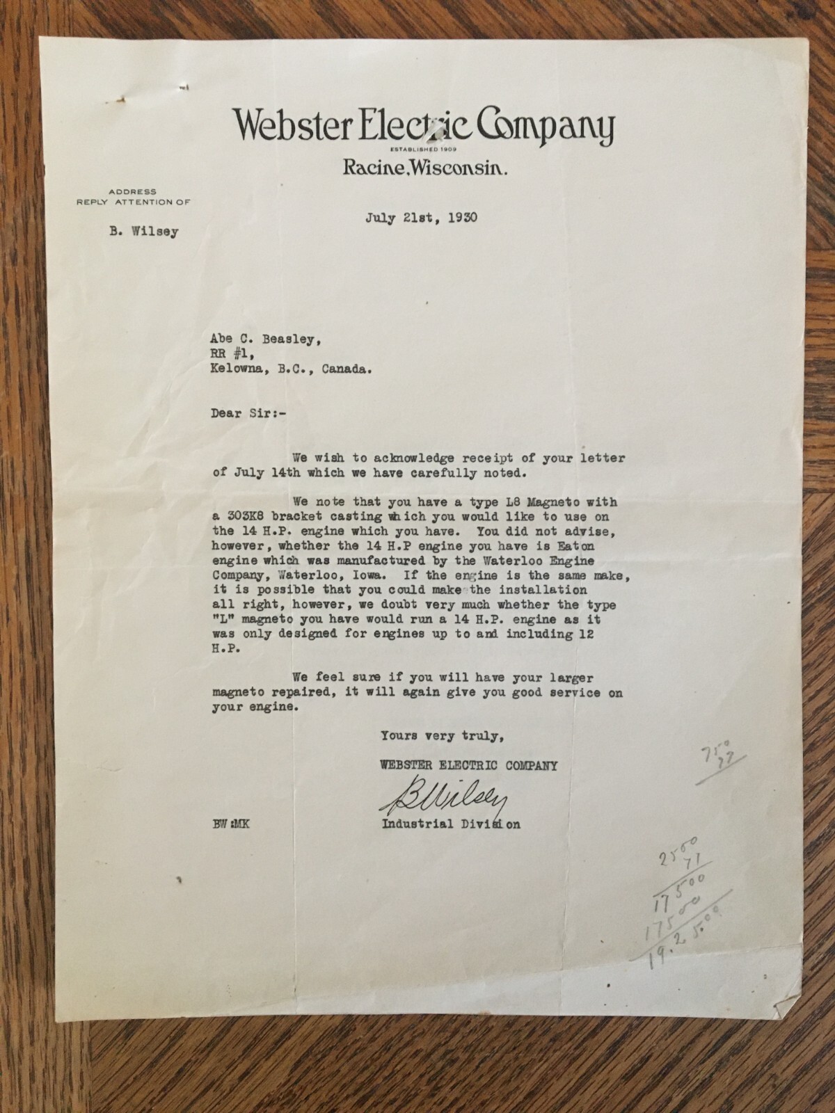 Webster Electric Co Motor Machinery Letter Receipt 1930 Kelowna BC Cattle Ranch