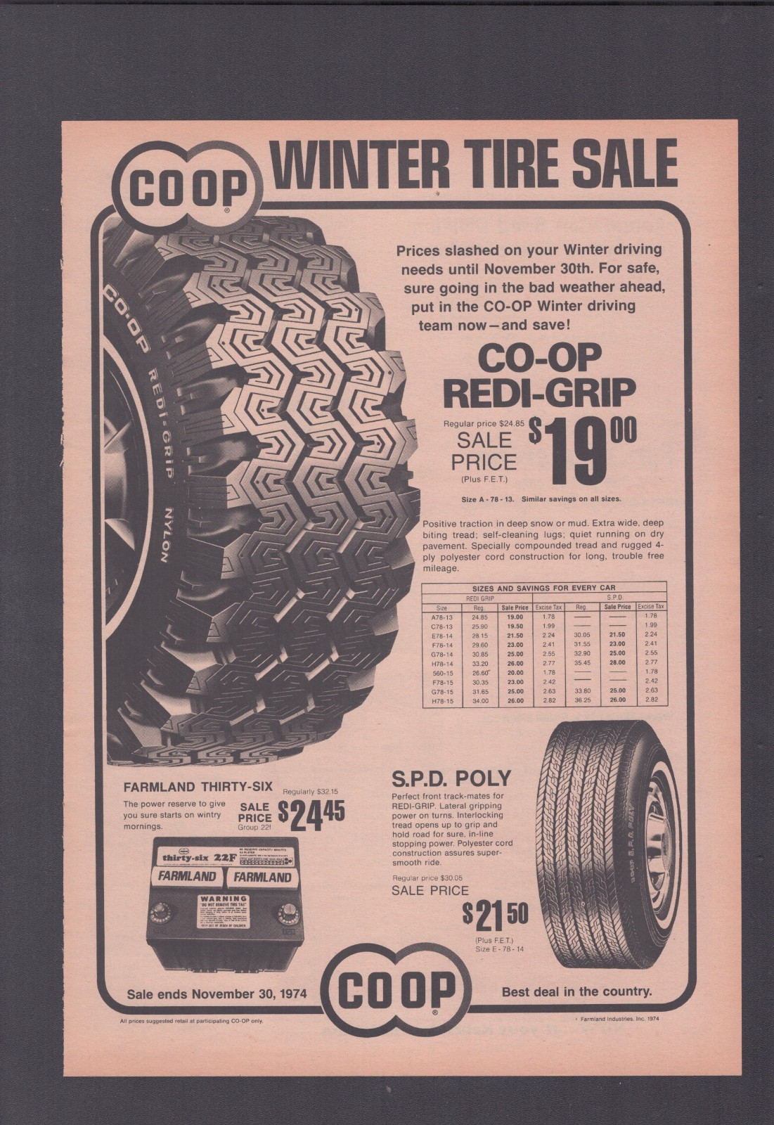 1974 Print Ad Coop Winter Tire Sale Redi-Grip SPD Poly Farmland Thirty-Six