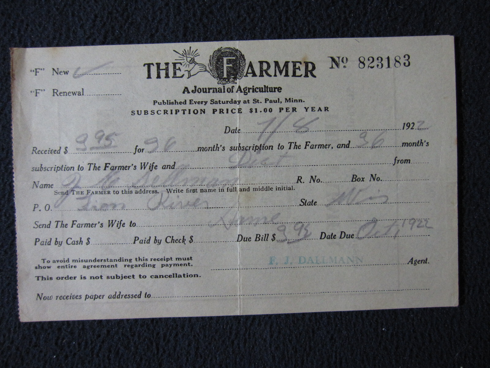 1922 The Farmer Journal of Agriculture Subscription Receipt (and Farmer&rsquo;s Wife)