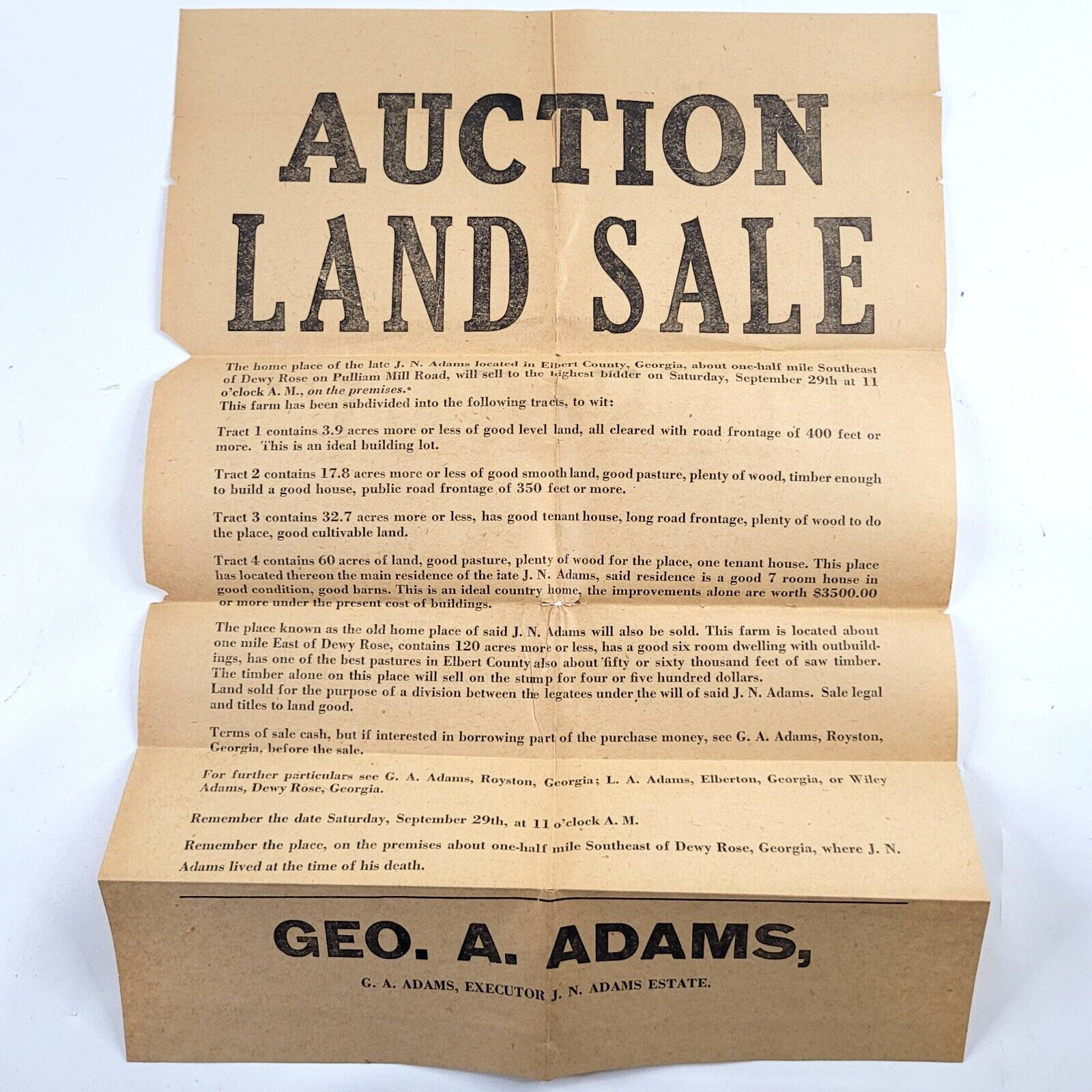 c.1900 Farm Auction Land Sale Flyer Broadside Elbert Co. Royston GA JN Adams