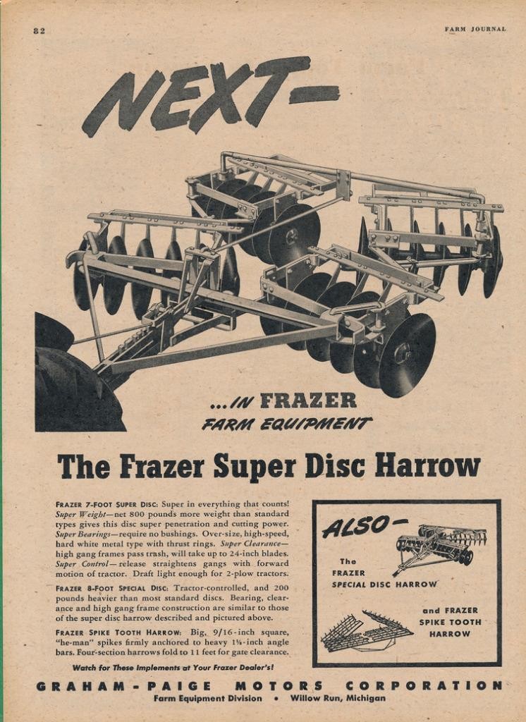 Magazine Ad – 1946 – Graham Paige Farm Equipment – Frazer Super Disc Harrow