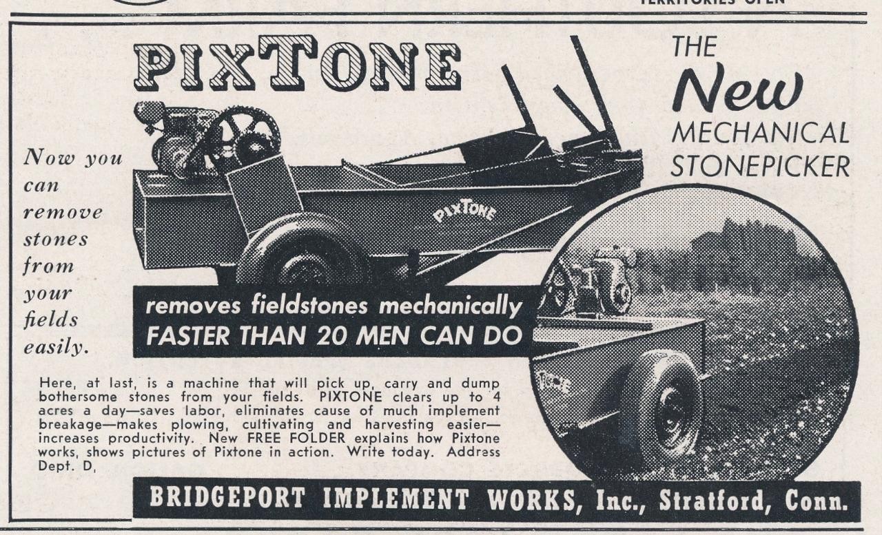 Magazine Ad – 1953 – PIXTONE Stonepicker – Bridgeport Implement – Stratford, CT