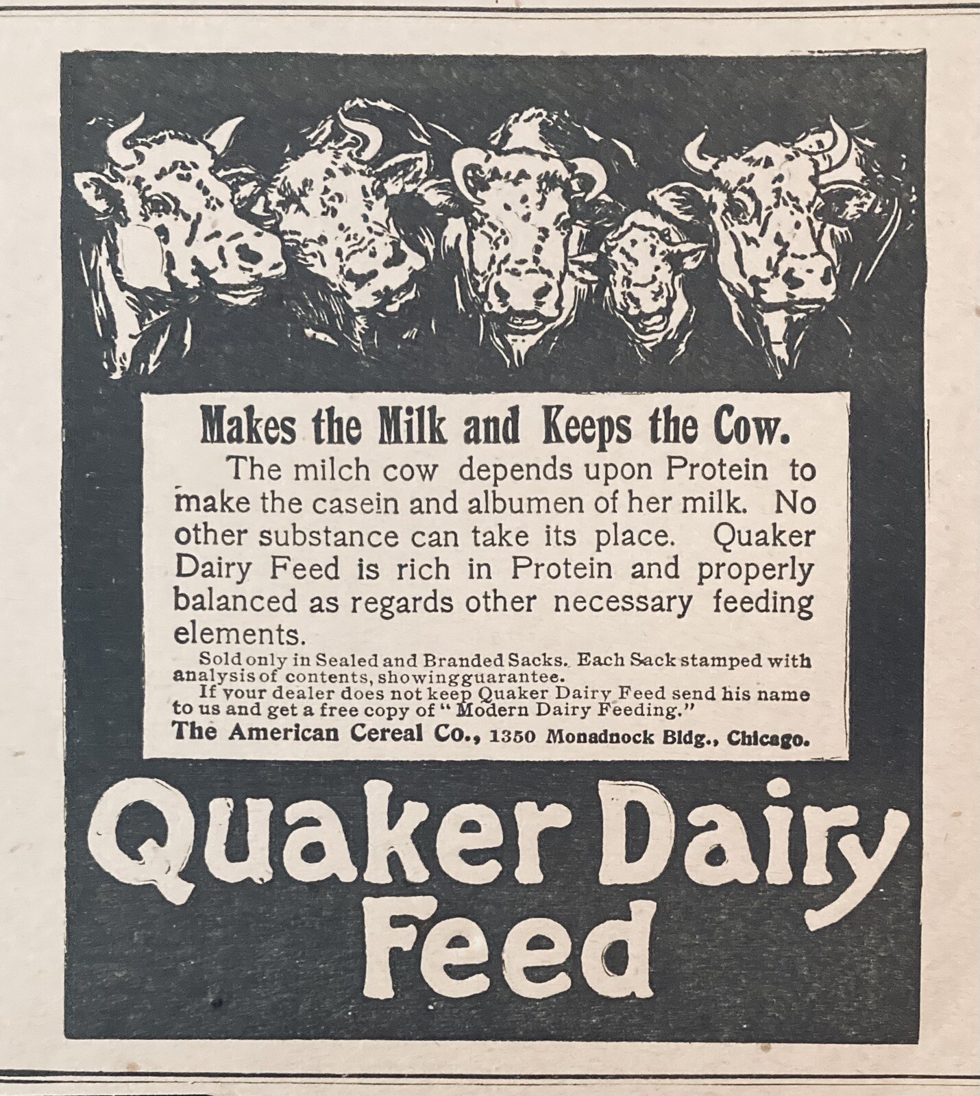 1901 AD.(XH11)~AMERICAN CEREAL CO. CHICAGO. QUAKER DAIRY FEED