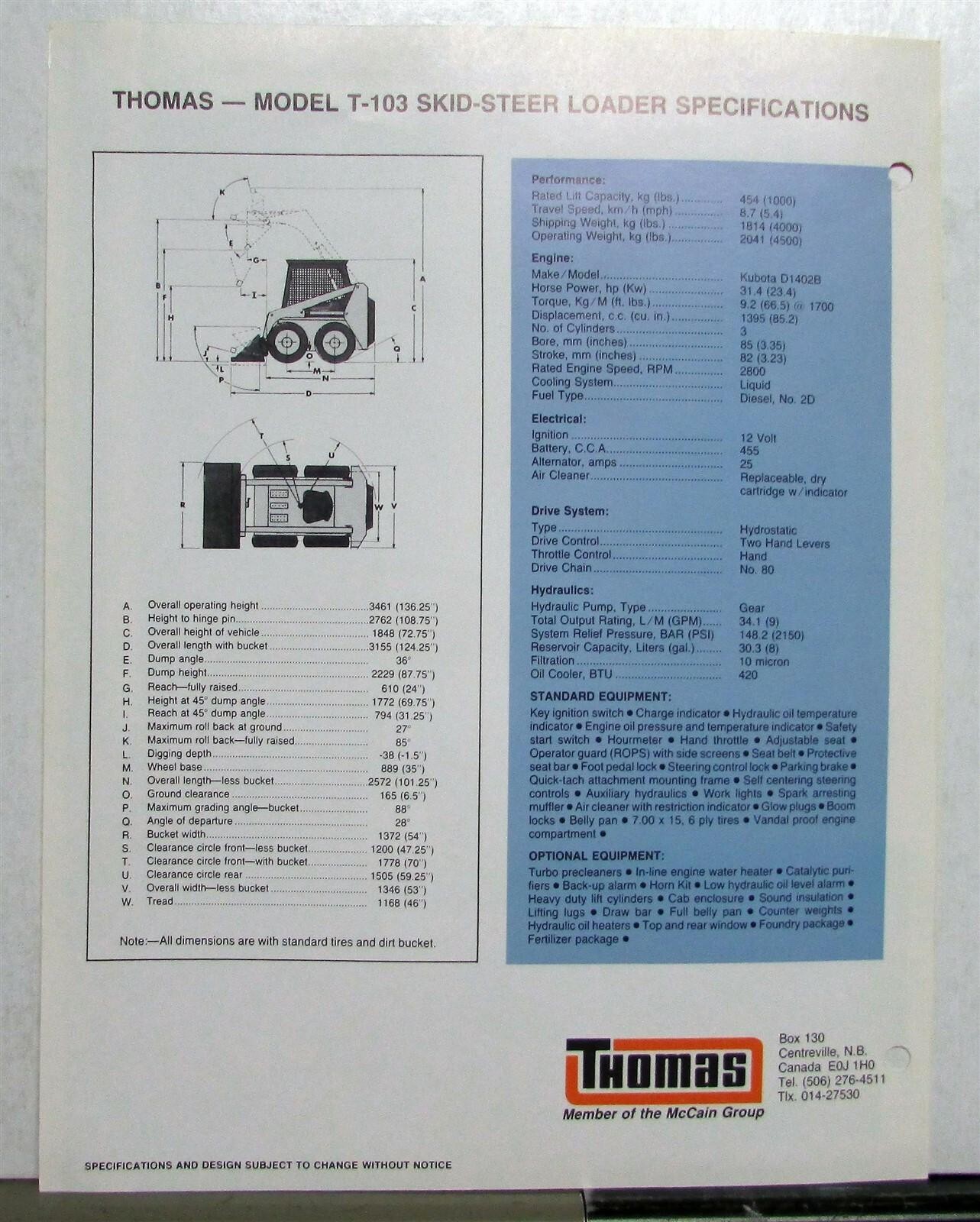 1989 Thomas T-103 Specifications Construction Sales Data Sheet