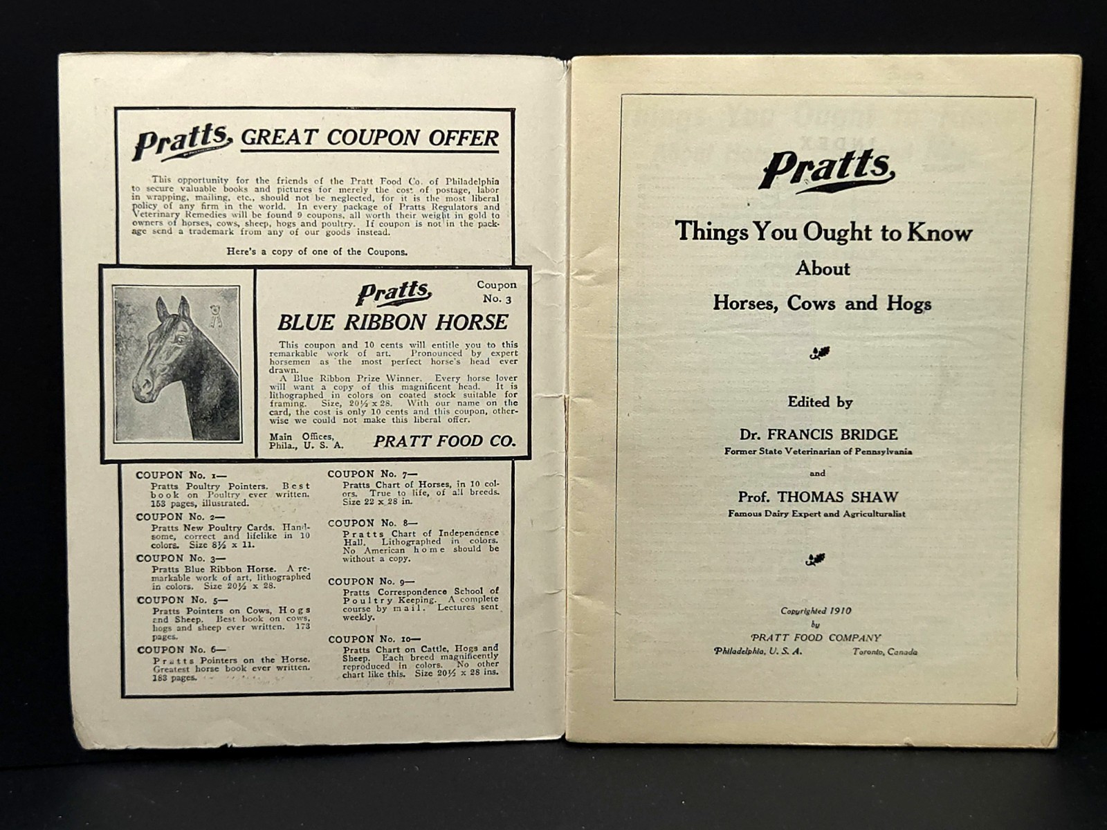 Pratt&rsquo;s Agricultural Farm Animal Feed Book on Raising Horses Cows & Hogs c.1911
