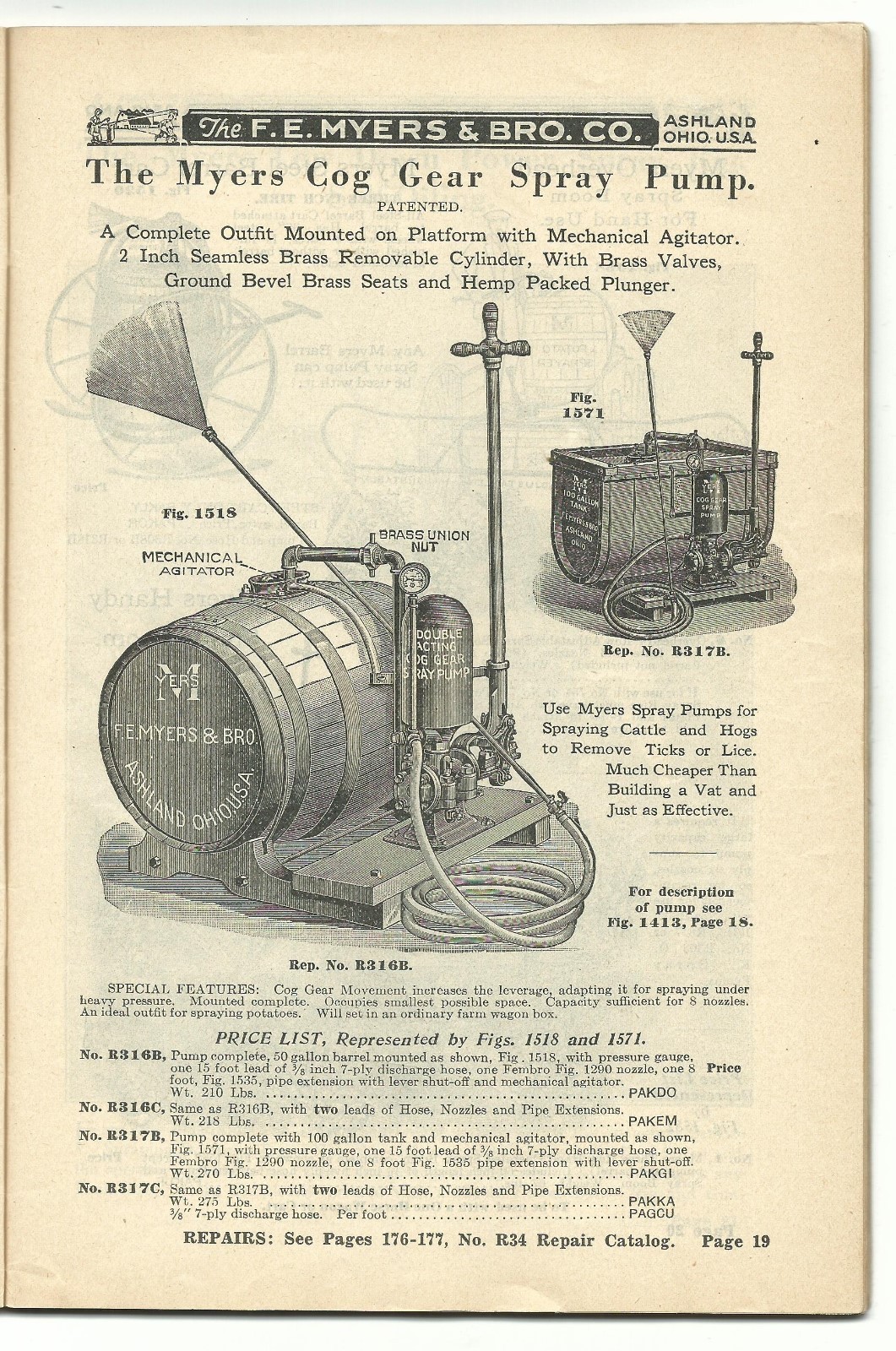 1934 Catalog FE Myers Hand & Power Spray Pumps Ashland OH Farm Power Washer