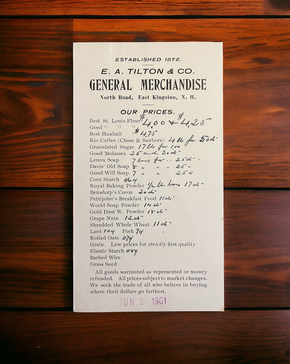 Vintage 1901 EA Tilton & Co Merchandise Price List East Kingston New Hampshire