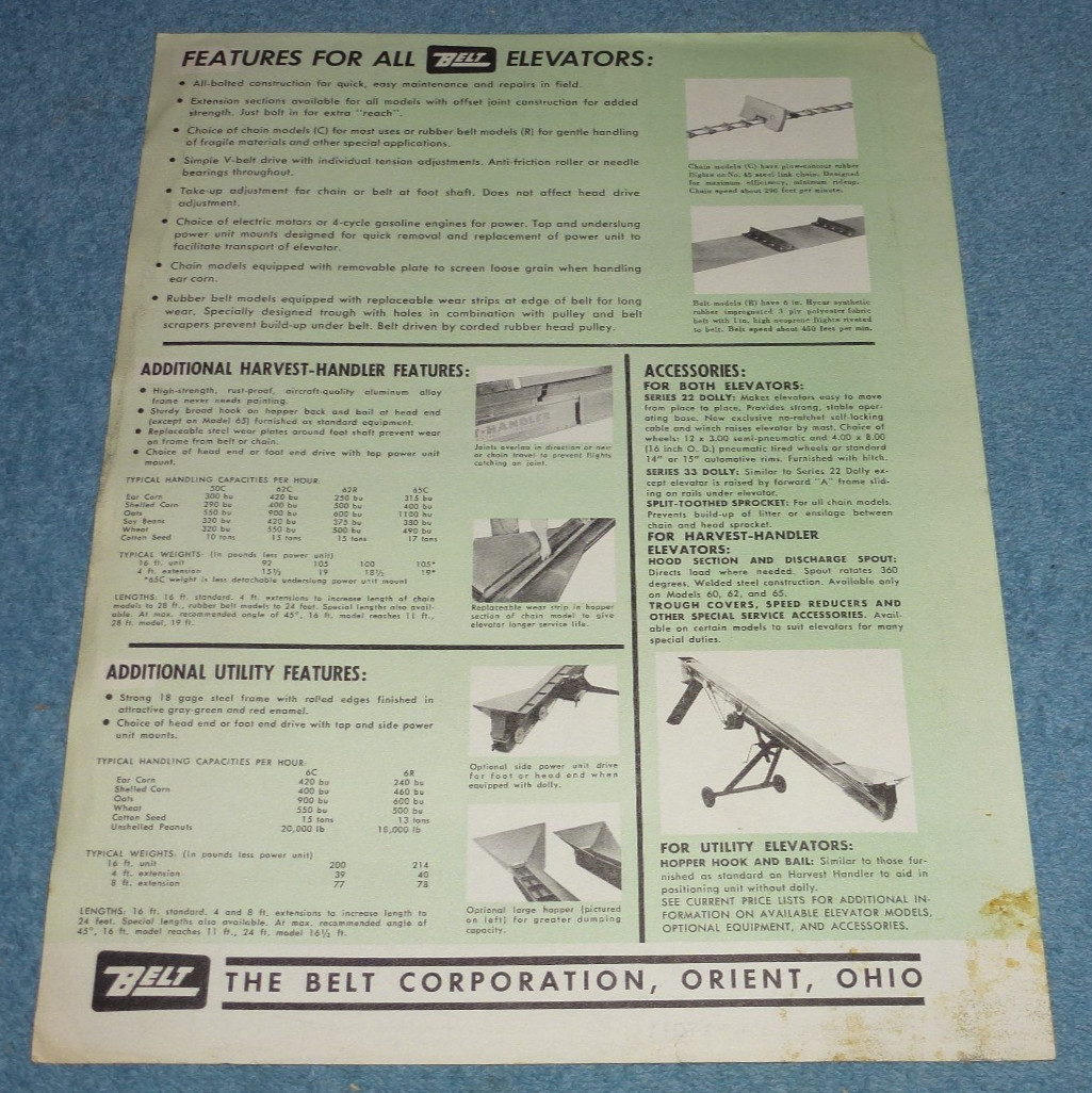 Lot of 3 Vintage Belt Corp Harvest-Handler Utility Portable Elevators Brochures