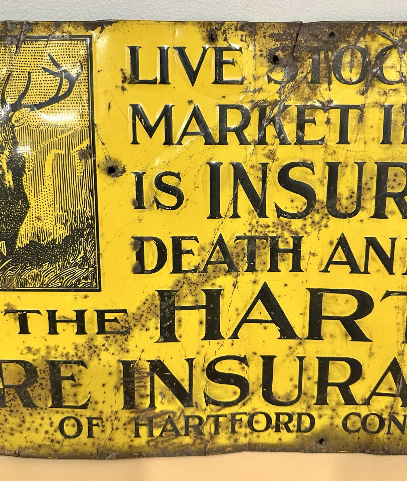 Vintage Hartford Fire Insurance Live Stock Market Metal Sign 23 1/2&Prime; X 11 1/4&Prime;
