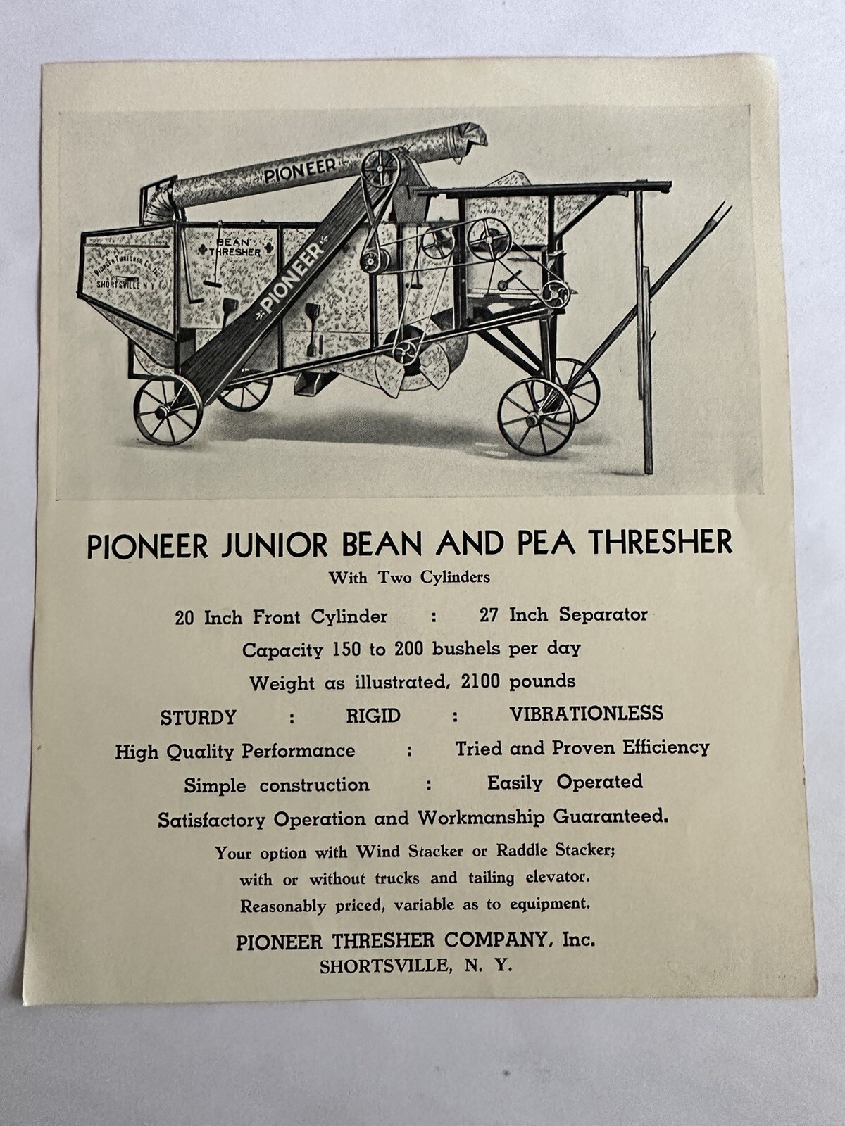 Vintage Avery Advertising Flyer Pioneer Bean & Pea Thresher Shortsville NY B3