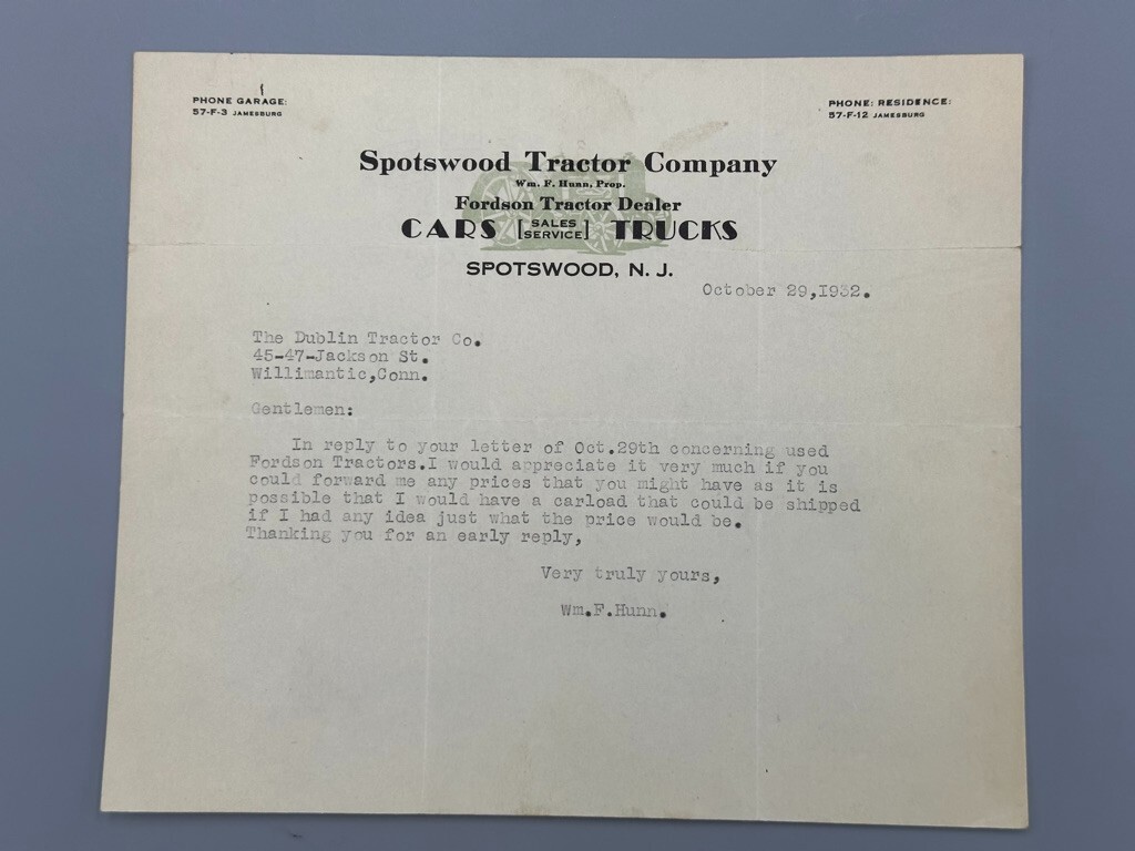 1932 FORDSON TRACTOR Farm Machinery SPOTSWOOD NJ Advertising Antique Letterhead
