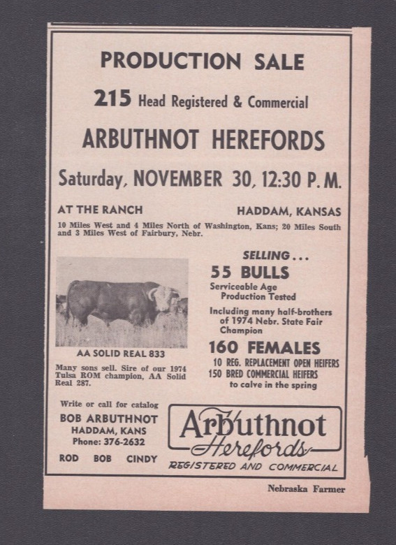 1974 Print Ad Arbuthnot Herefords Production Sale November 30 Haddam Kansas