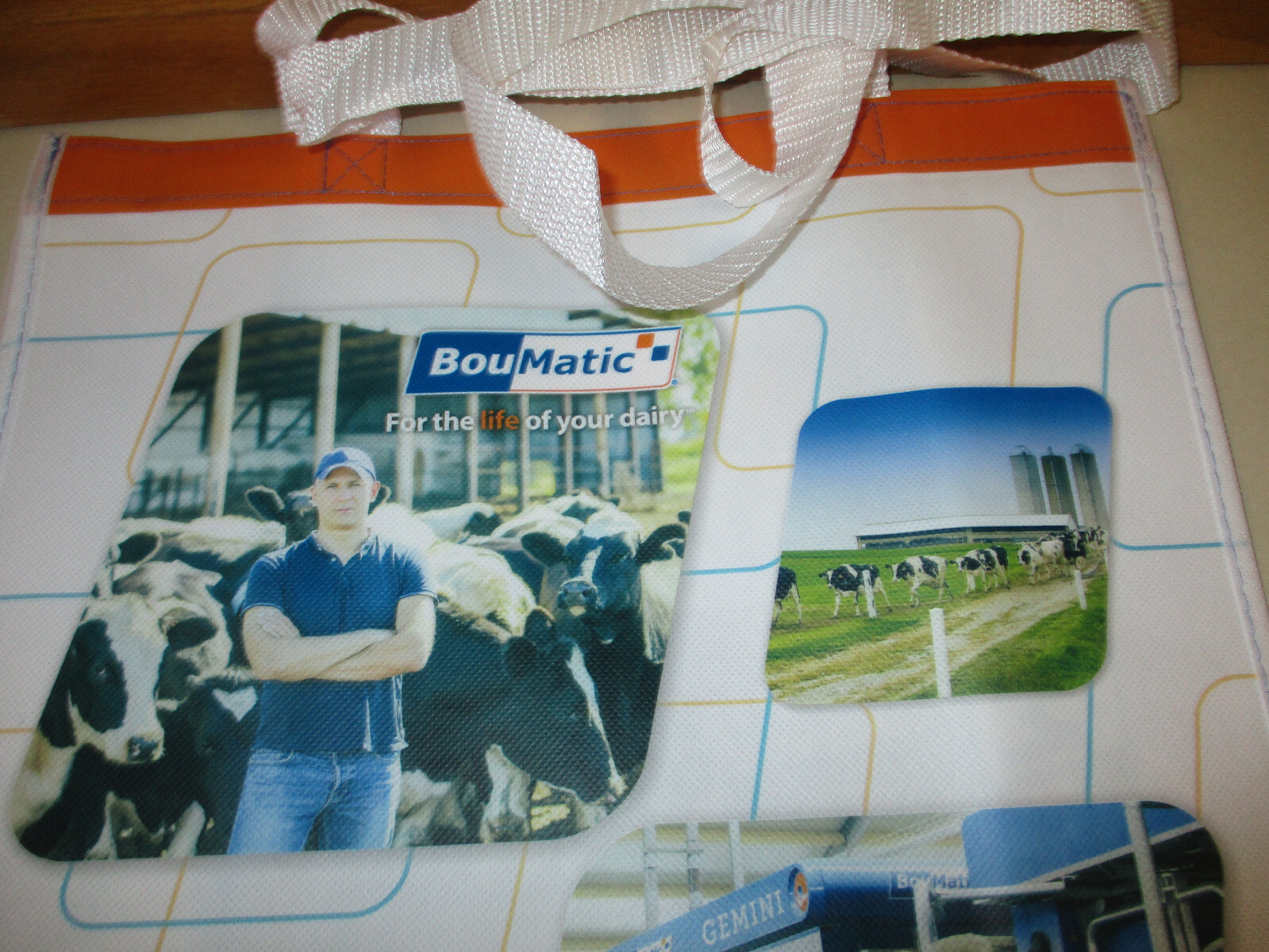 2 BOUMATIC DAIRY Shopping Bag Lot 13.5&Prime;x13.75&Prime; (Orange/Blue) XCALIBUR 360EX 2.0