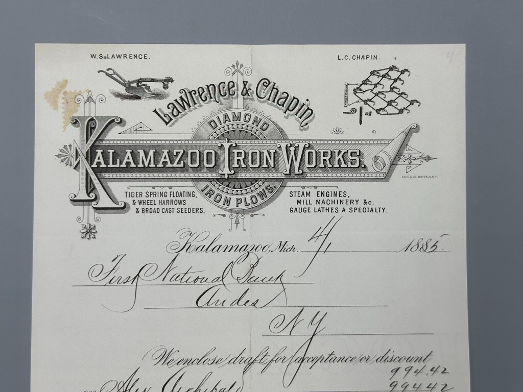 1885 KALAMAZOO MI IRON WORKS Diamond PLOW FARM Bank Draft Antique ADVERTISING