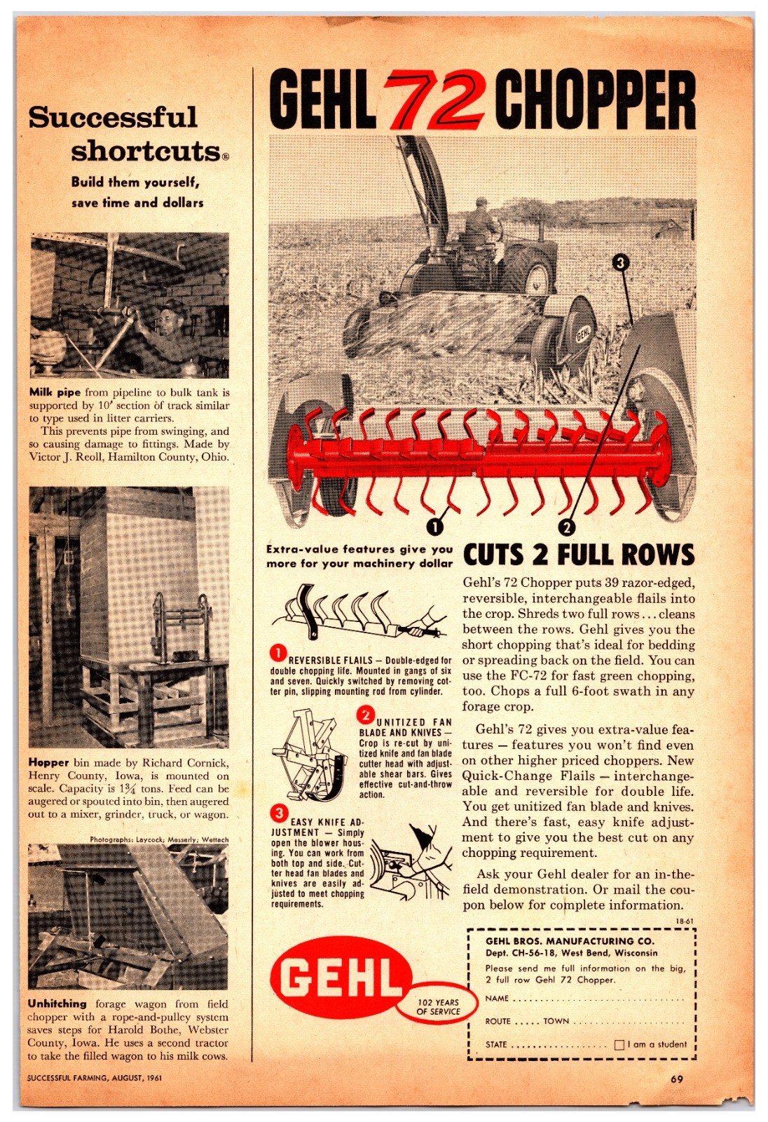 Original 1961 Gehl 72 Chopper Print Ad (5in x 12in) Advertisement