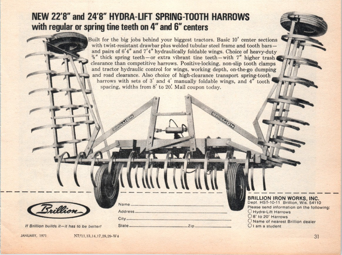 1971 Brillion Hydra-Lift Spring-Tooth Harrow 70&rsquo;s Vintage Print Ad