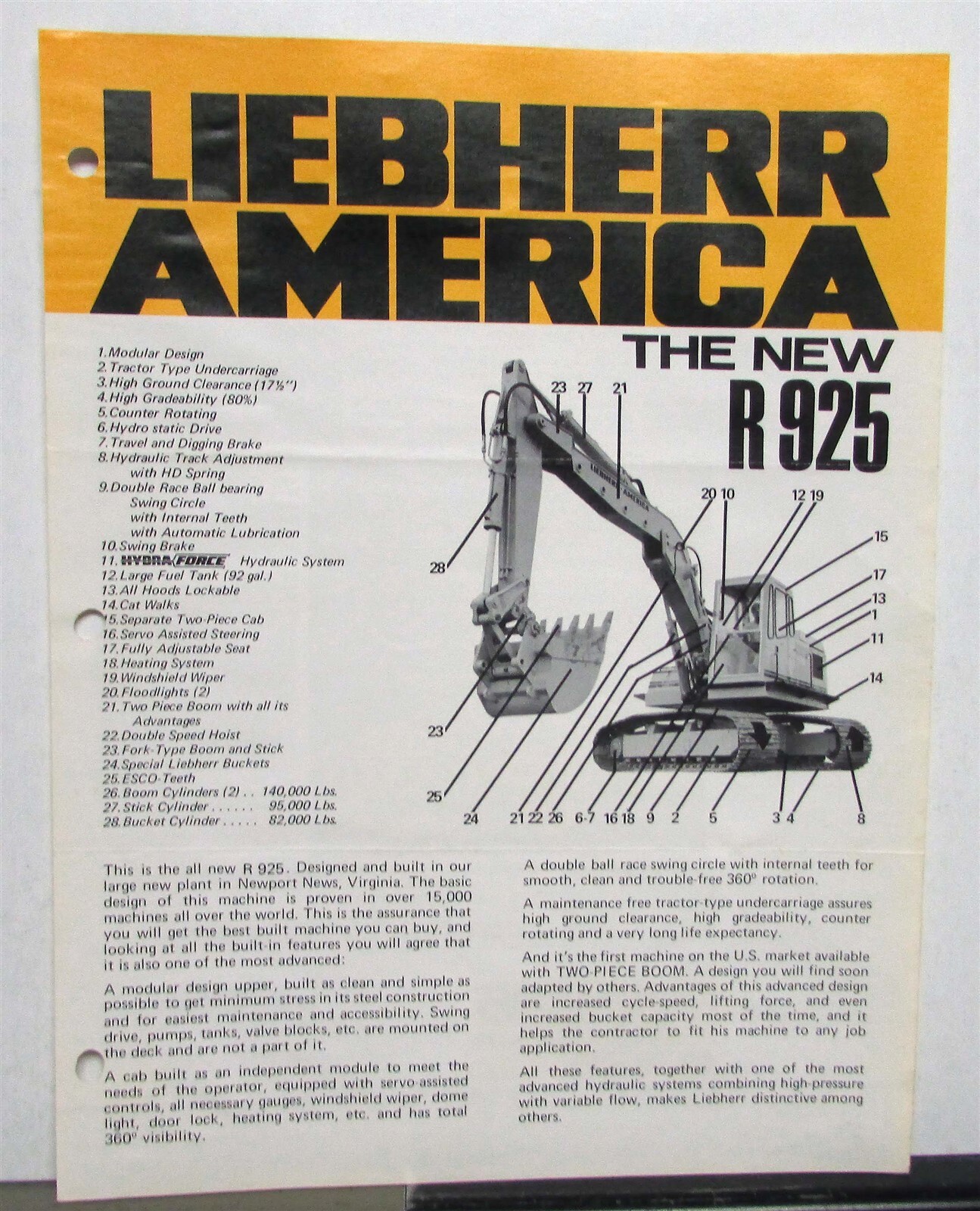 1973 Liebherr R925 Excavator Specifications Construction Sales Data Sheet
