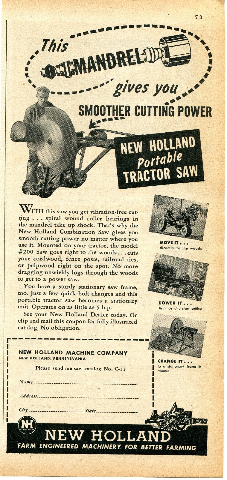 1947 Print Ad of New Holland NH Combination Mandrel Portable Tractor Saw No 200