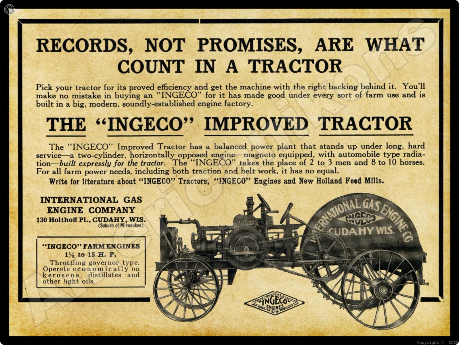 1916 INGECO International Gas Engine Tractor New Metal Sign: Cudahy, Wisconsin