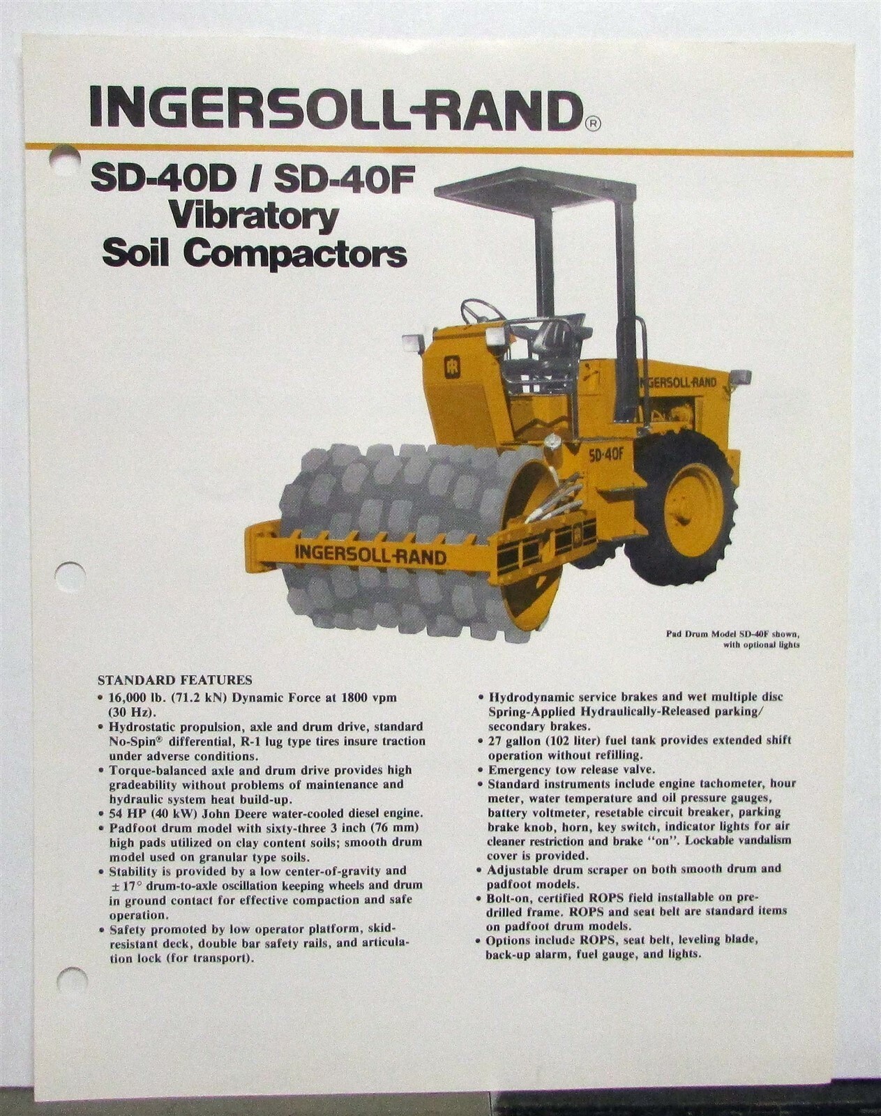 1987 Ingersoll Rand SD 40D/40F Soil Compactors Specs Construction Brochure