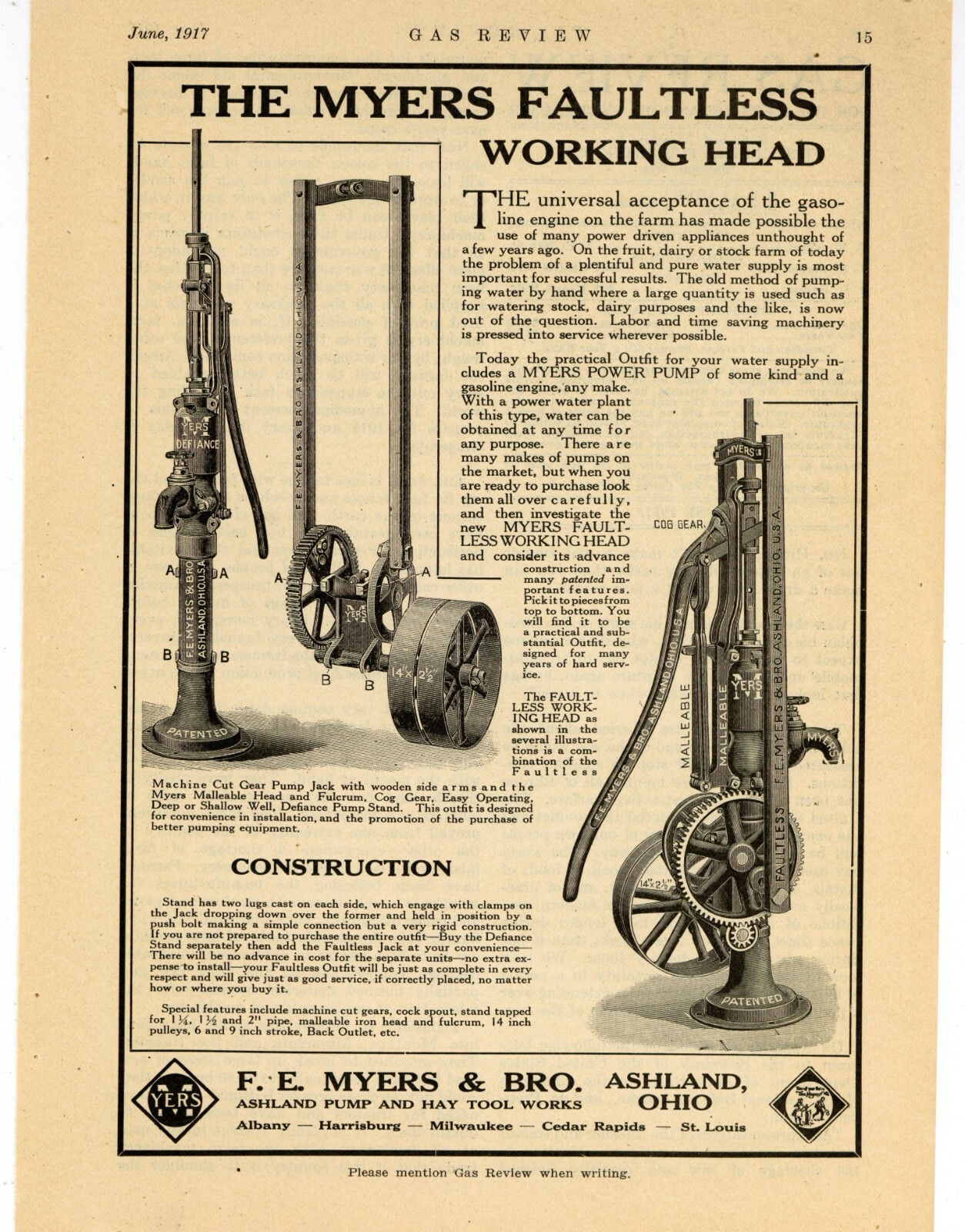 1917 F.E. Myers & Bro. Ad: Faultless Power Pump for Use w Gas Engine – Ashland