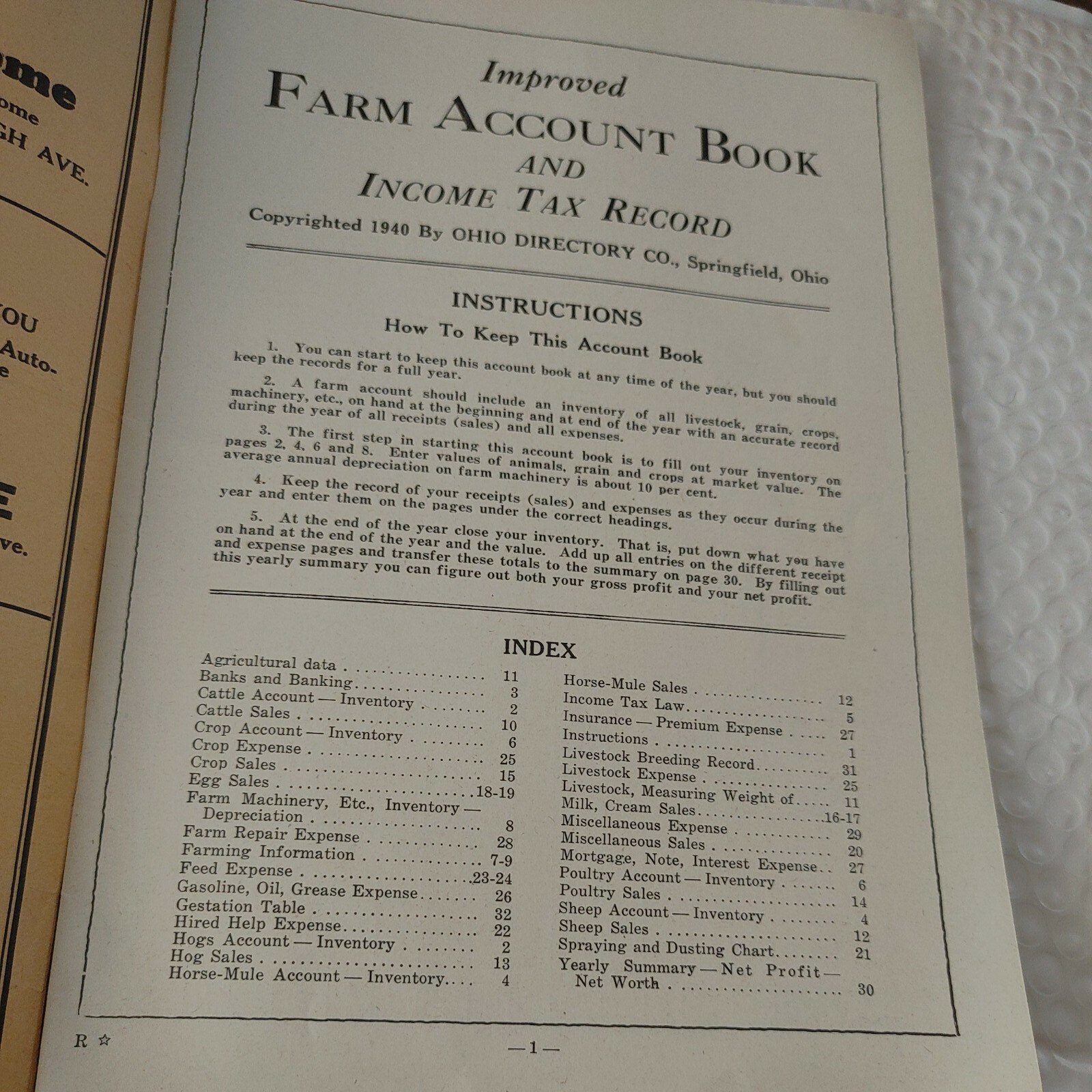 1940 Farm Account Book Tuscarawas Co. Ohio Unused