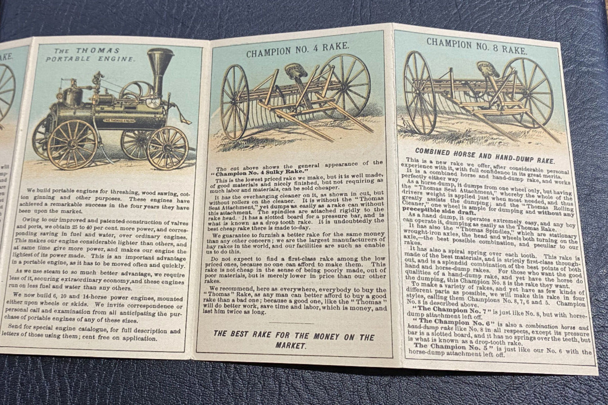 c1890 Thomas Farm Machinery & Engines-6 Panel Trade Card/Folder, Springfield OH