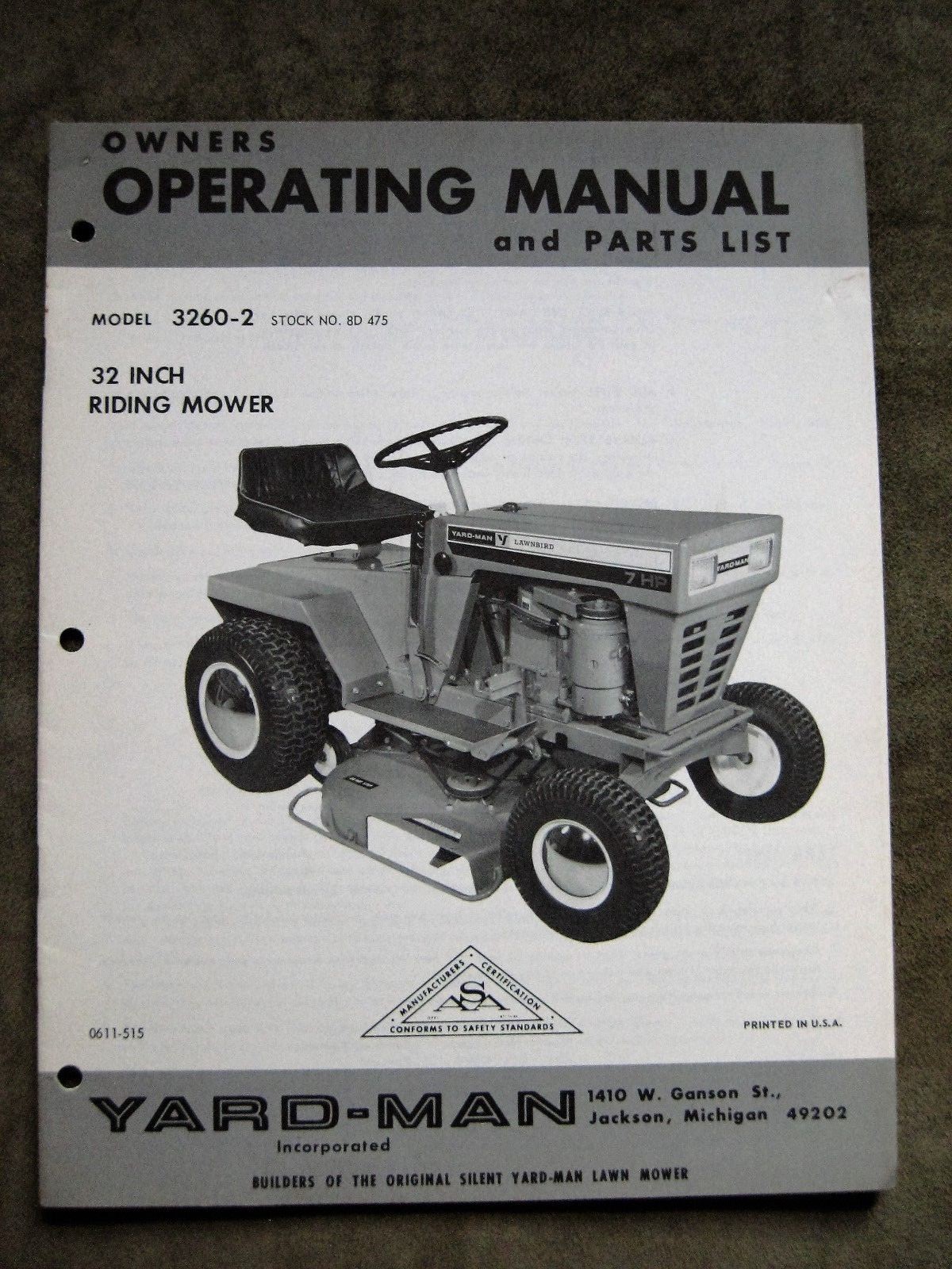 Simplicity YardMan 32 In. Riding Tractor Instruction Manual Parts List Operators